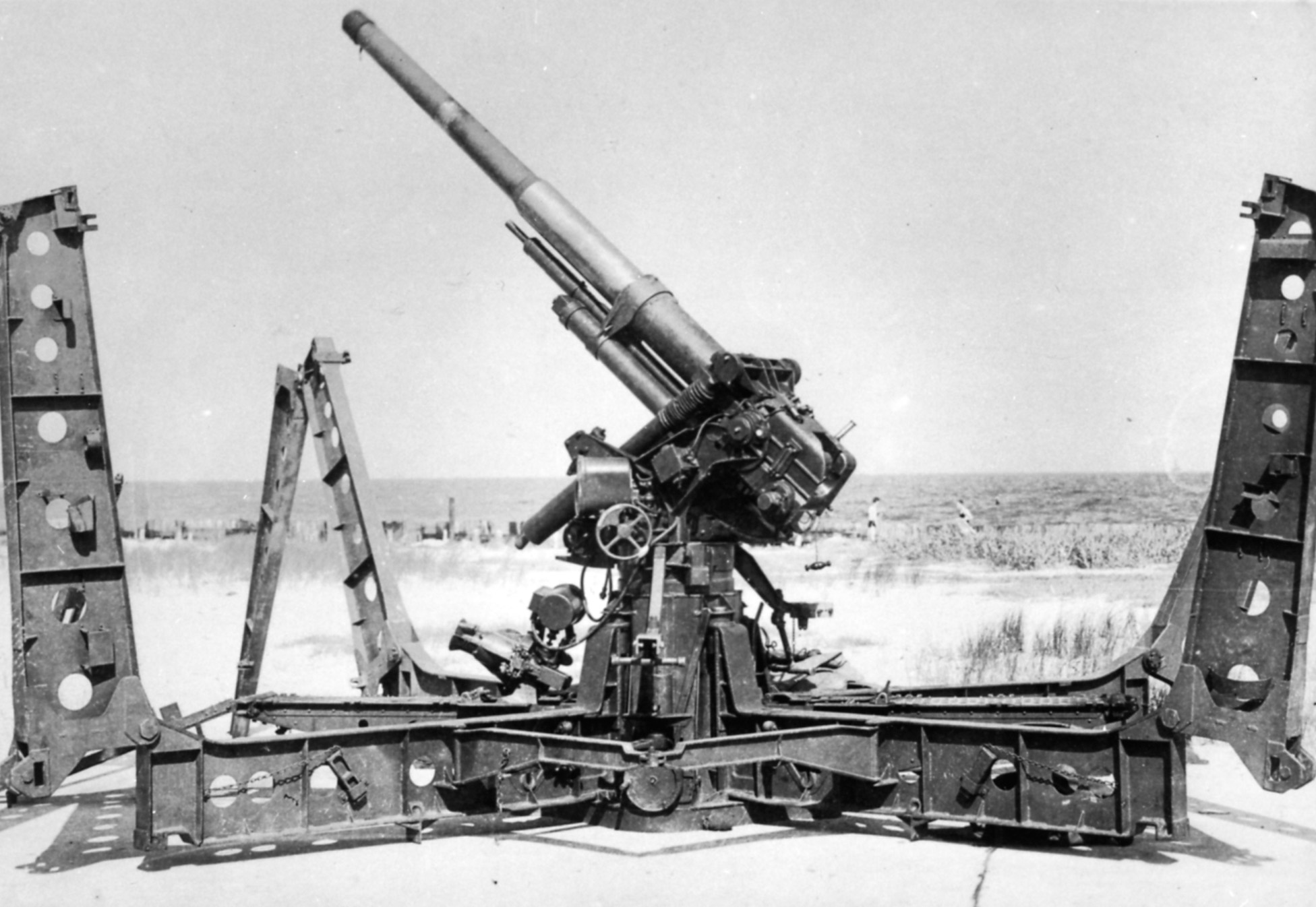 An antiaircraft gun faces skyward. Wake Island’s marine garrison received twelve guns prior to the Japanese siege there.