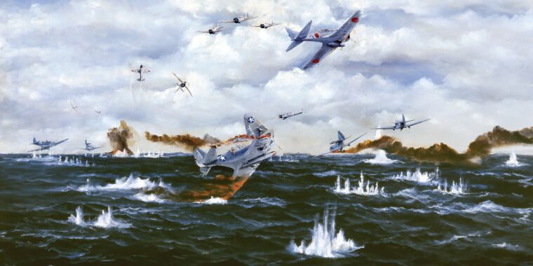 Under the relentless onslaught of Japanese Mitsubishi A6 Zero fighter planes, the Douglas TBD Devastator torpedo bombers of the USS Hornet’s Torpedo Squadron 8 are massacred as they attempt to attack Japanese aircraft carriers during the Battle of Midway in this dramatic painting by artist John Hamilton titled “Destruction of a Torpedo Bomber.”