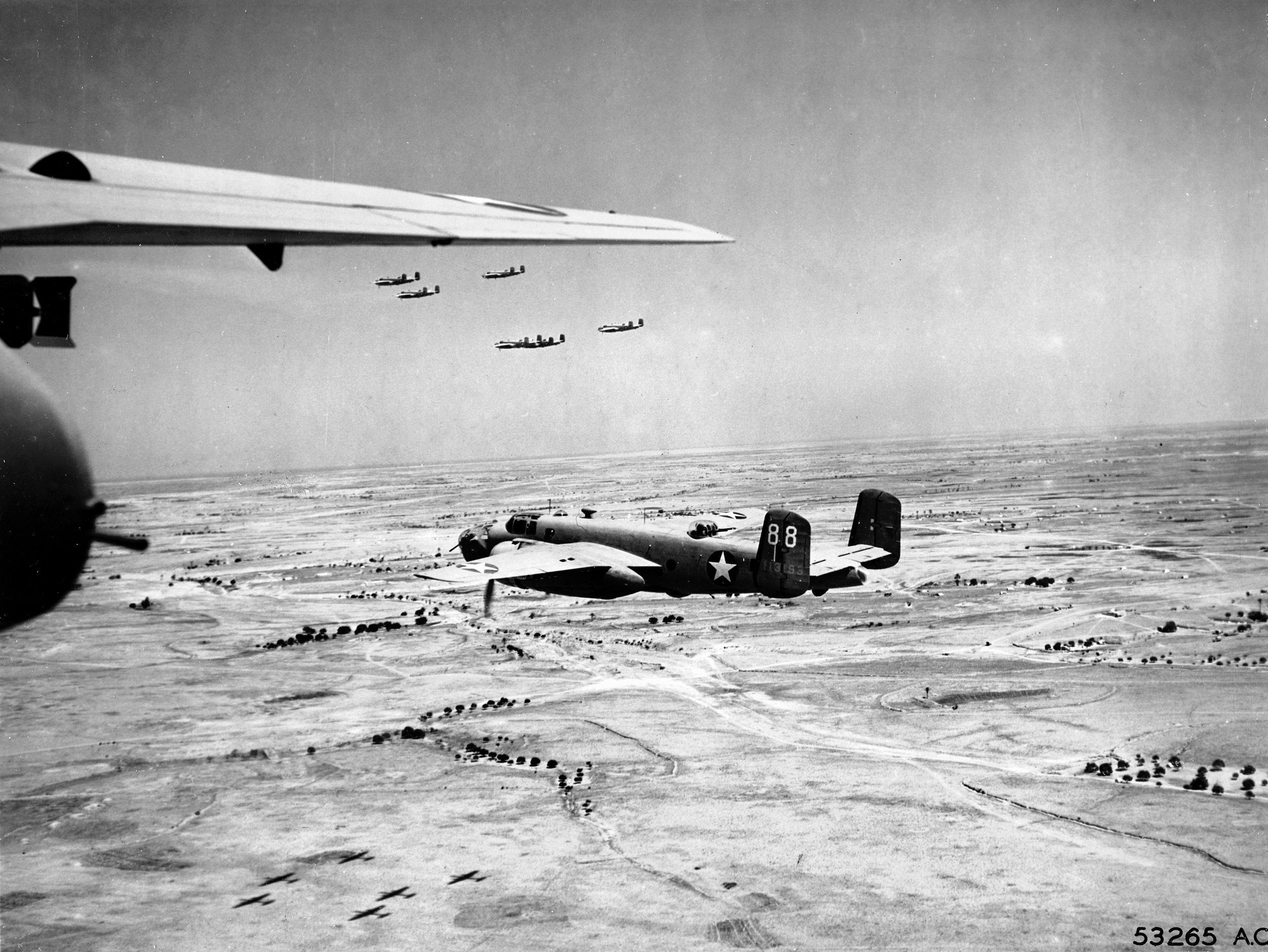 B-25s fly over Tunisia. Ernst’s plane left North Africa en route to Palermo when it was shot down over the Mediterranean. Ernst, the only survivor from his plane, swam for 18 hours to reach land.