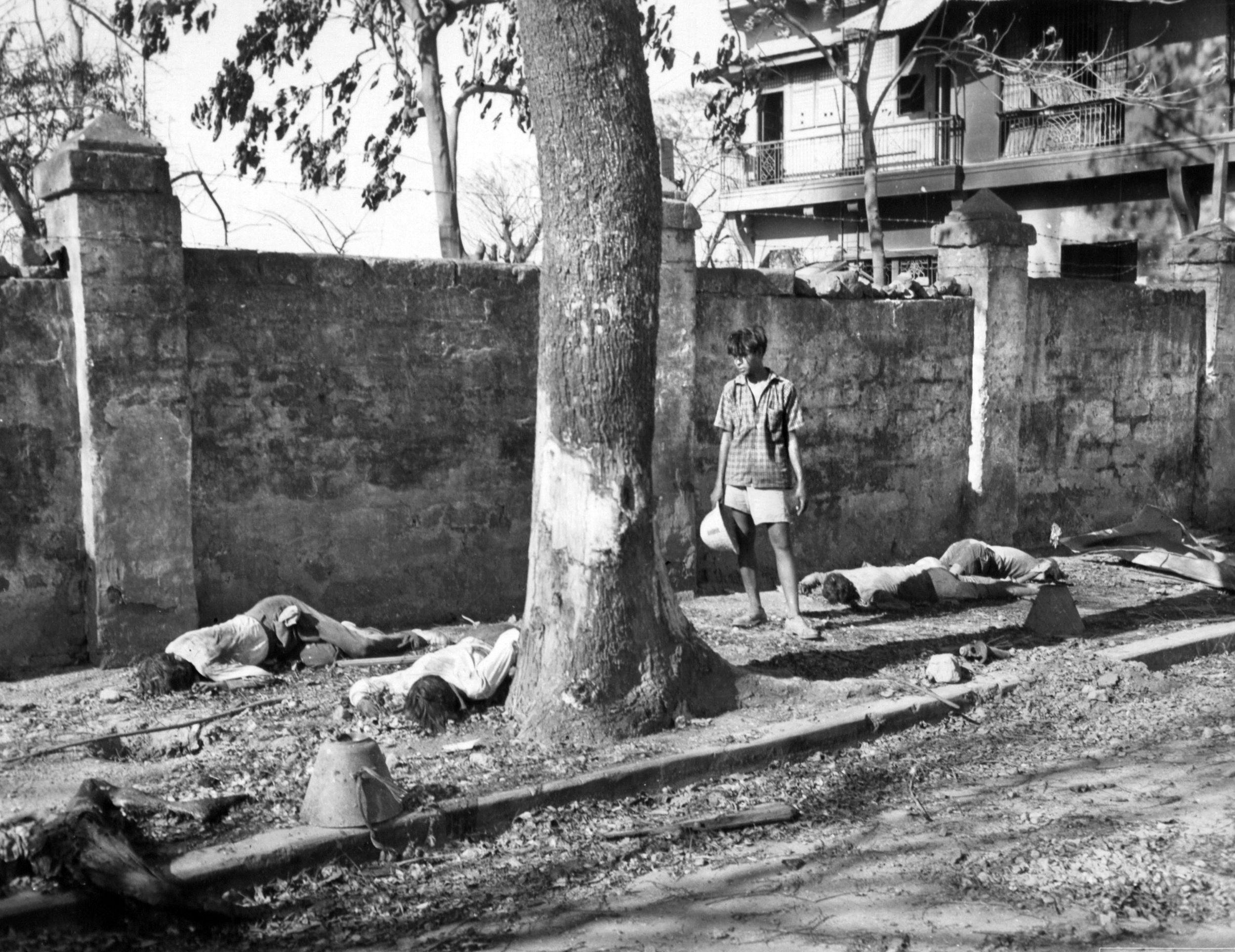 A Filipino resident of Manila, confronted with the terrible sight of civilian corpses, attempts to identify some of the victims. These individuals were taken into “protective” custody by the Japanese and then shot down as they tried to escape from the Ermita section of the city.