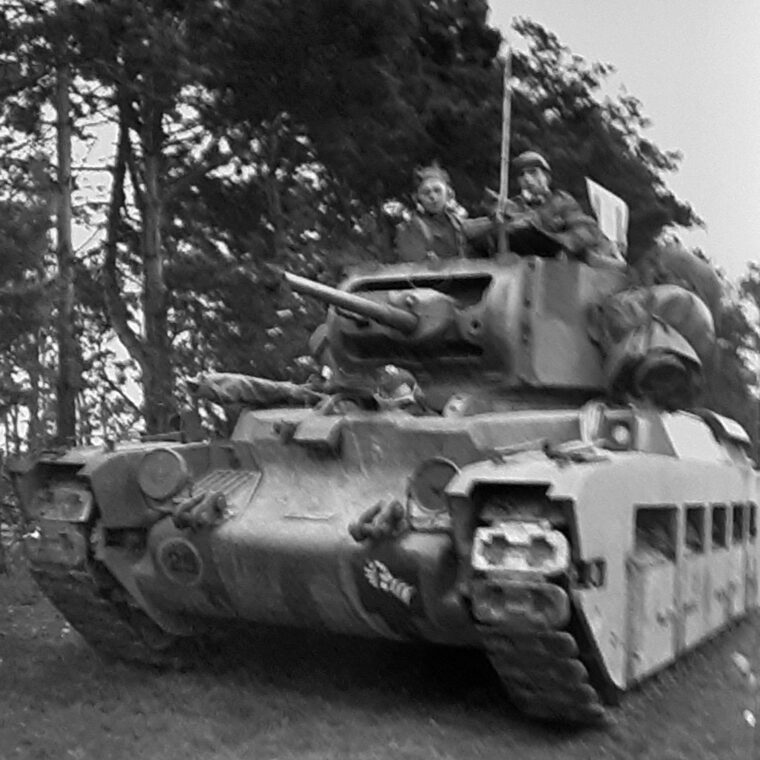 A 7th Tank Regiment Matilda II photographed on the move during the fighting in France. The Matilda II had the heaviest armor protecting its crew on the battlefield at the time.