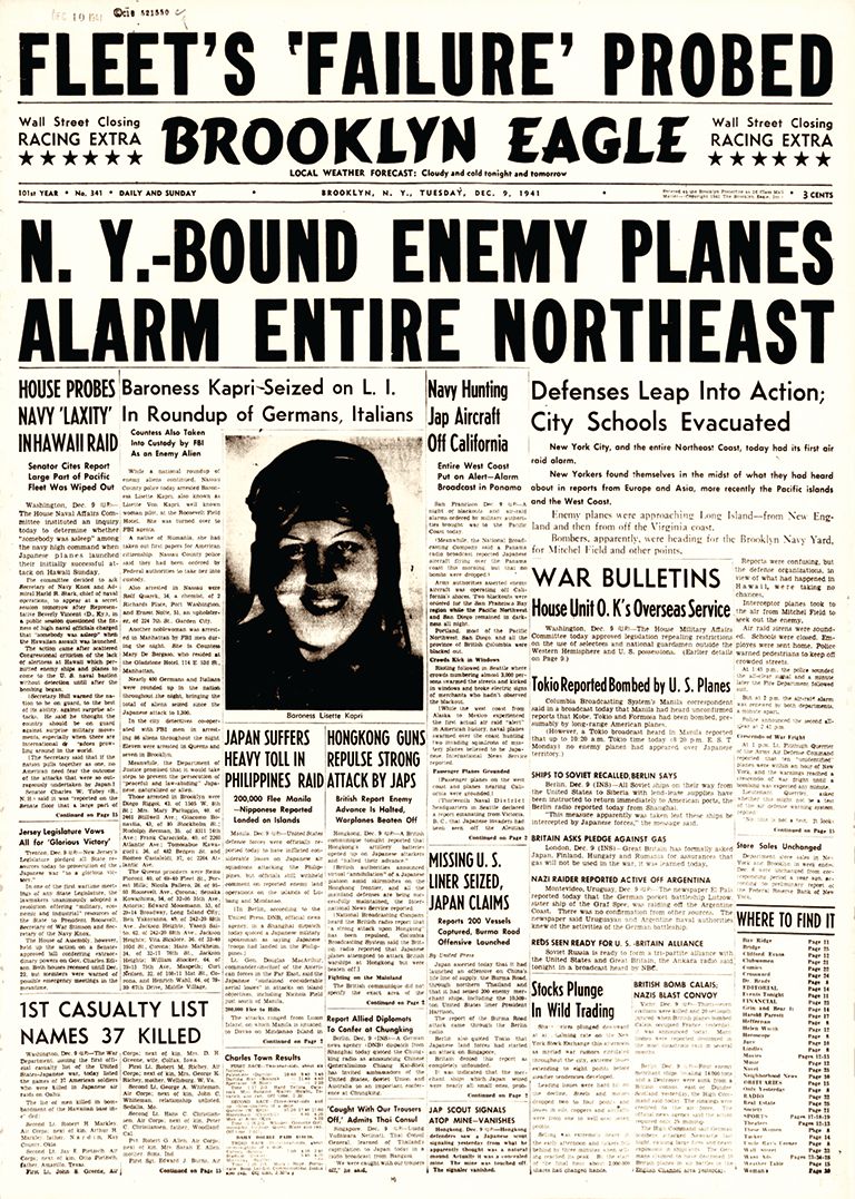 Published two days after the Pearl Harbor attack, the Brooklyn Eagle reports air raid sirens heard in New York and hysterical claims of enemy planes two hours away.