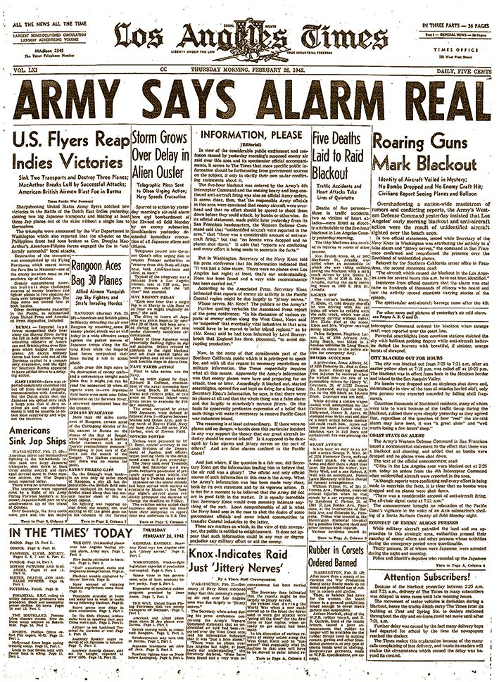 The February 26, 1942, Los Angeles Times front page featuring the events of the “Battle of Los Angeles”—a mysterious Japanese air attack in which no bombs were dropped.