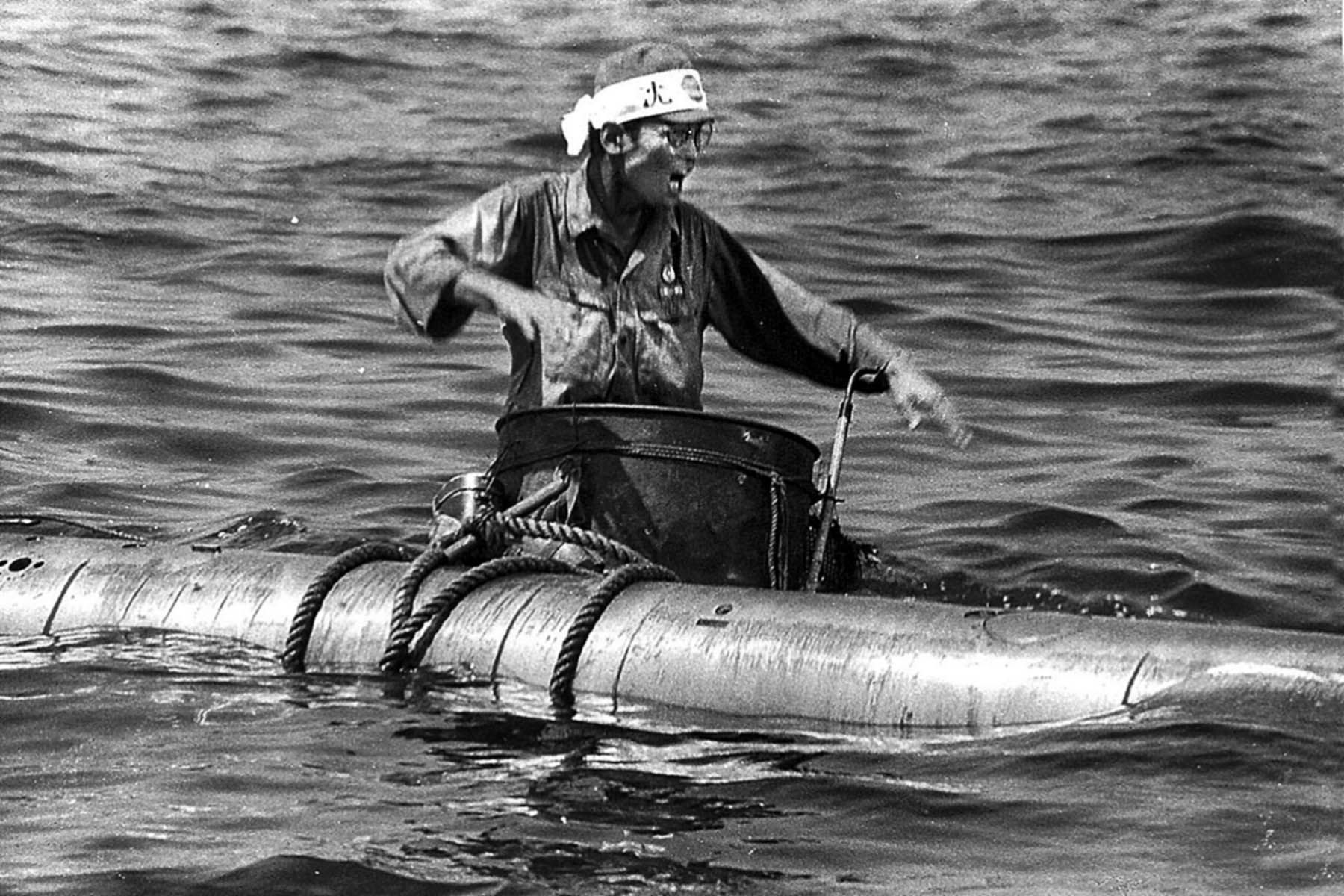 A Japanese Kaiten pilot in training maneuvers. The one-man subs were made from Japan’s successful Type 93 torpedo.