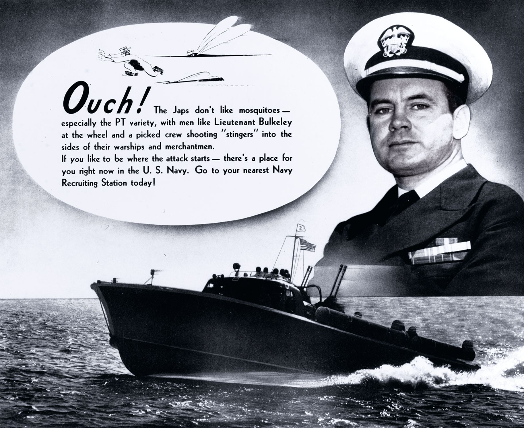 This recruiting poster features the PT boat service of the U.S. Navy and a photo of Lieutenant John D. Bulkeley, one of its greatest heroes. The photograph of the PT boat probably depicts PT-18, and the photo was likely taken in 1941 when PT-18 was assigned to Motor Torpedo Boat Squadron Two. 