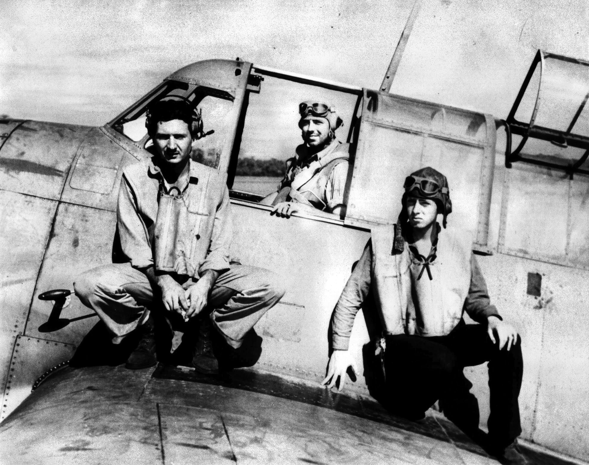 From left are replacement gunner Basil Rich, pilot Ensign Albert K. Earnest, and Radioman 3rd Class Harry H. Ferrier. During the Battle of Midway, Earnest, Ferrier and Seaman 1st Class Jay D. Manning flew with a detachment of six TBFs from Midway. Manning was killed in action, but their plane was the only one of Torpedo 8 to survive the day. The Japanese shot down Five of the TBFs and all 15 TBDs launched from the USS Hornet.