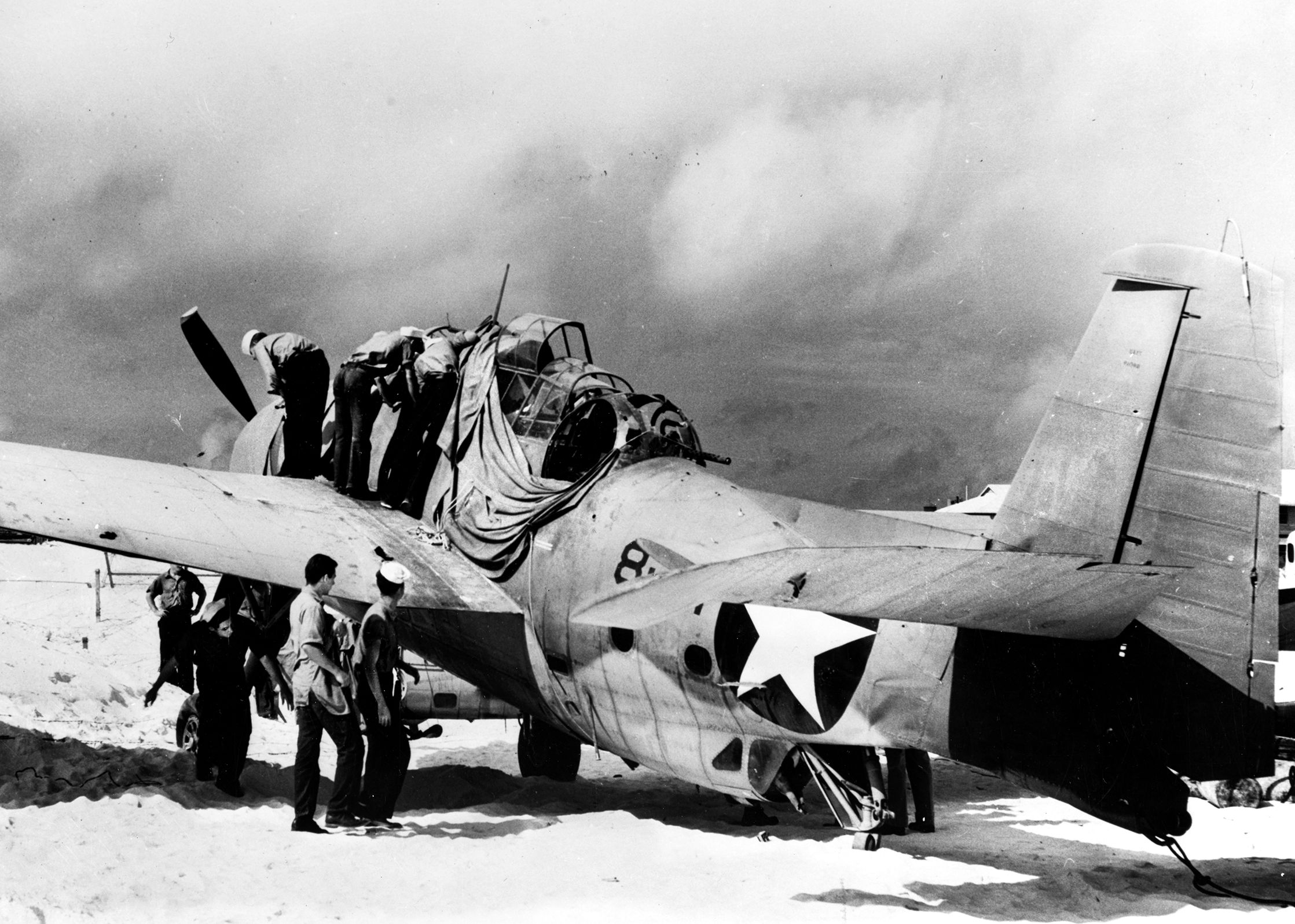 This badly damaged TBF-1 Avenger, flown by Ensign Albert K. Earnest, was the only plane of Torpedo Squadron 8 to survive the Battle of Midway and would never fly again. Radioman Harry Ferrier and Seaman 1st Class Jay D. Manning were also aboard. Manning, who operated the .50-caliber machine gun, was killed in action. Six Avengers based at Midway and 15 Devastators from the USS Hornet had taken off that morning.