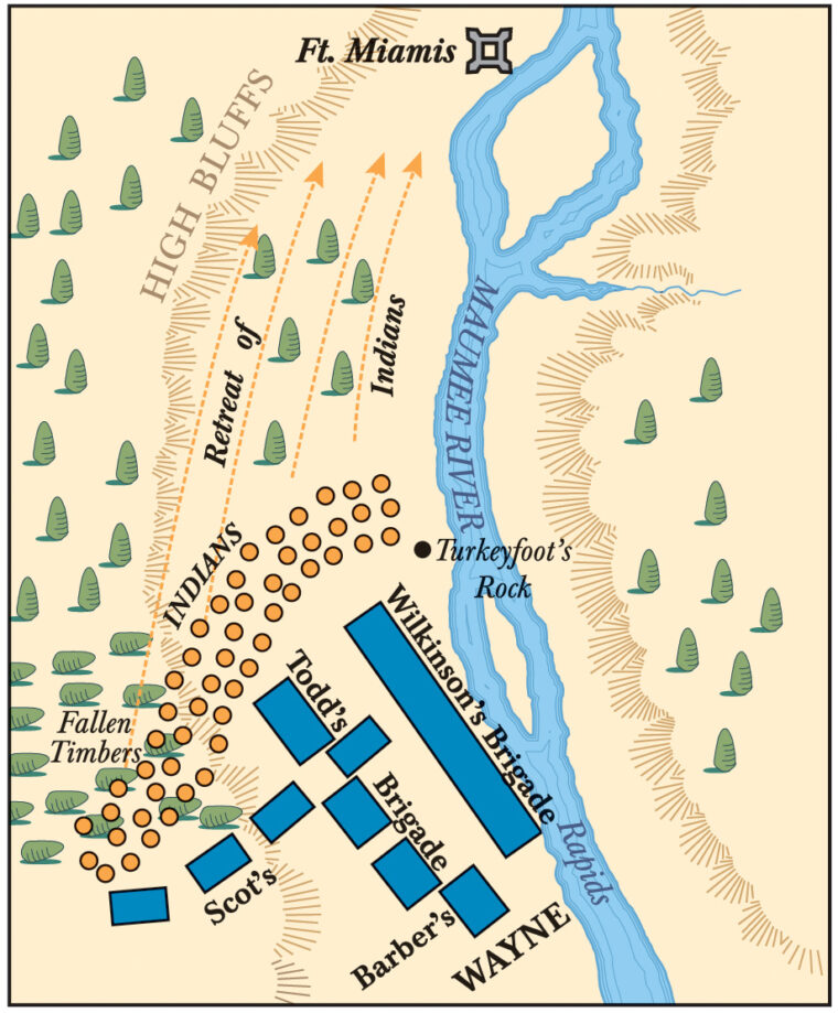 Wayne had his right along the Maumee River and attacked with infantry at the Indian center.