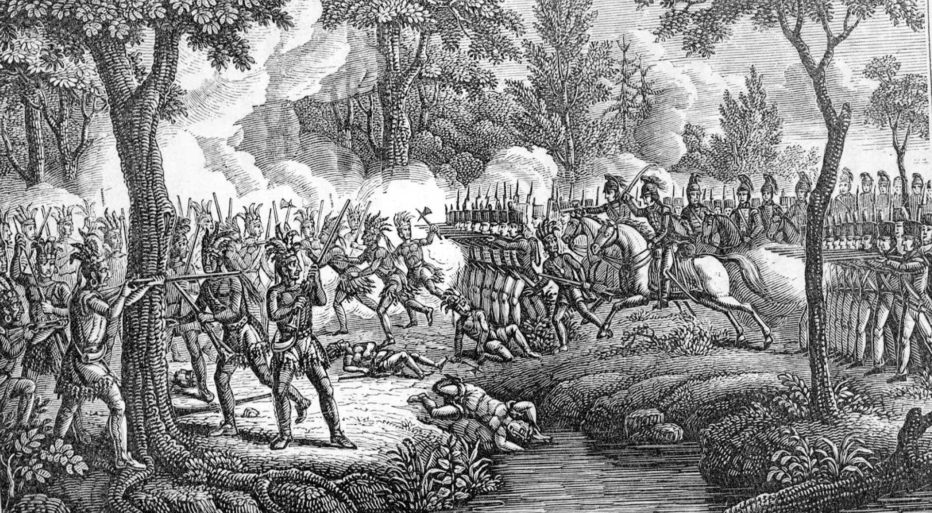 A sketch of the battle. Wayne ordered attack by bayonet, the soldiers to use musket fire only when the Indians were fleeing. 