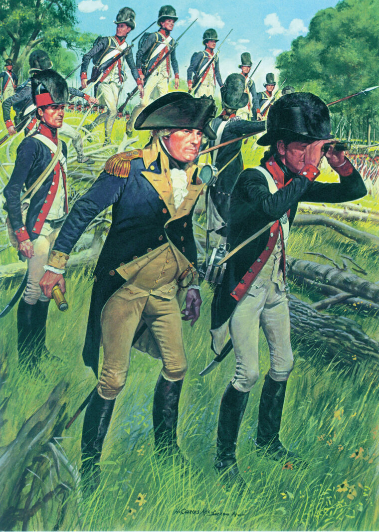 Wayne inspects dispositions as his troops approach the Indians’ location. He believed in training and discipline as essential elements to victory. From childhood he had read Julius Caesar and felt these were elements by which the Romans overcame the Gauls. 