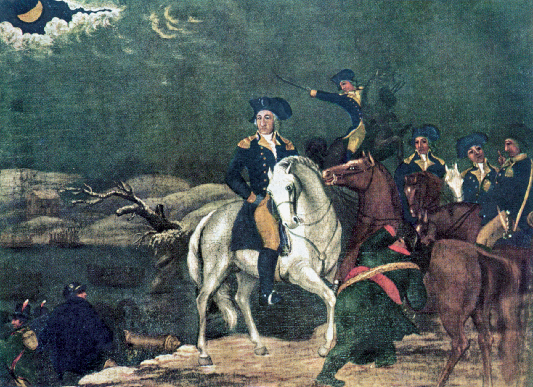 Washington and his staff watch the Delaware River crossing on Christmas night 1776.