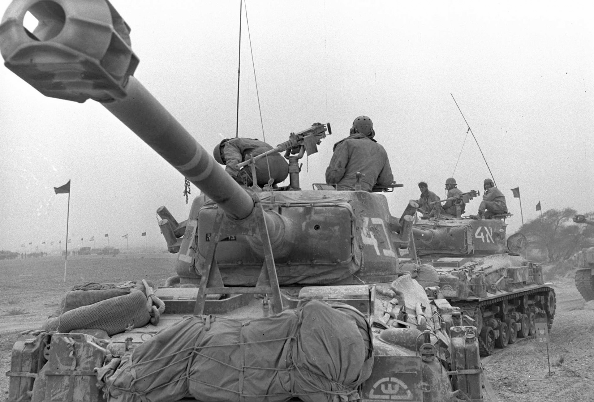 Super Sherman tanks on maneuver in the months before the war began. The Israelis upgraded the American Shermans to more effectively combat Arab armor.