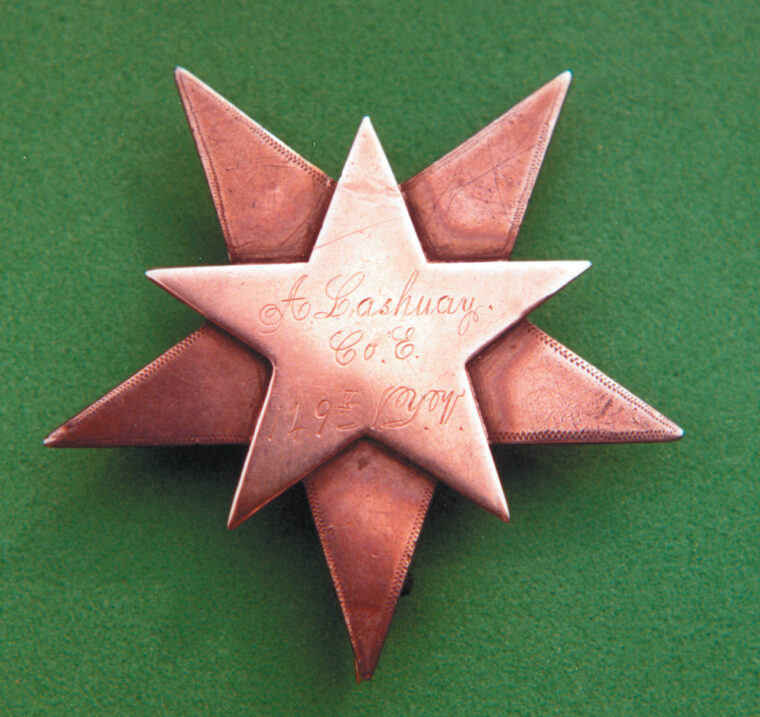 The Union Army XII Corps badge of A. Lashuay. His regiment fought at Gettysburg.