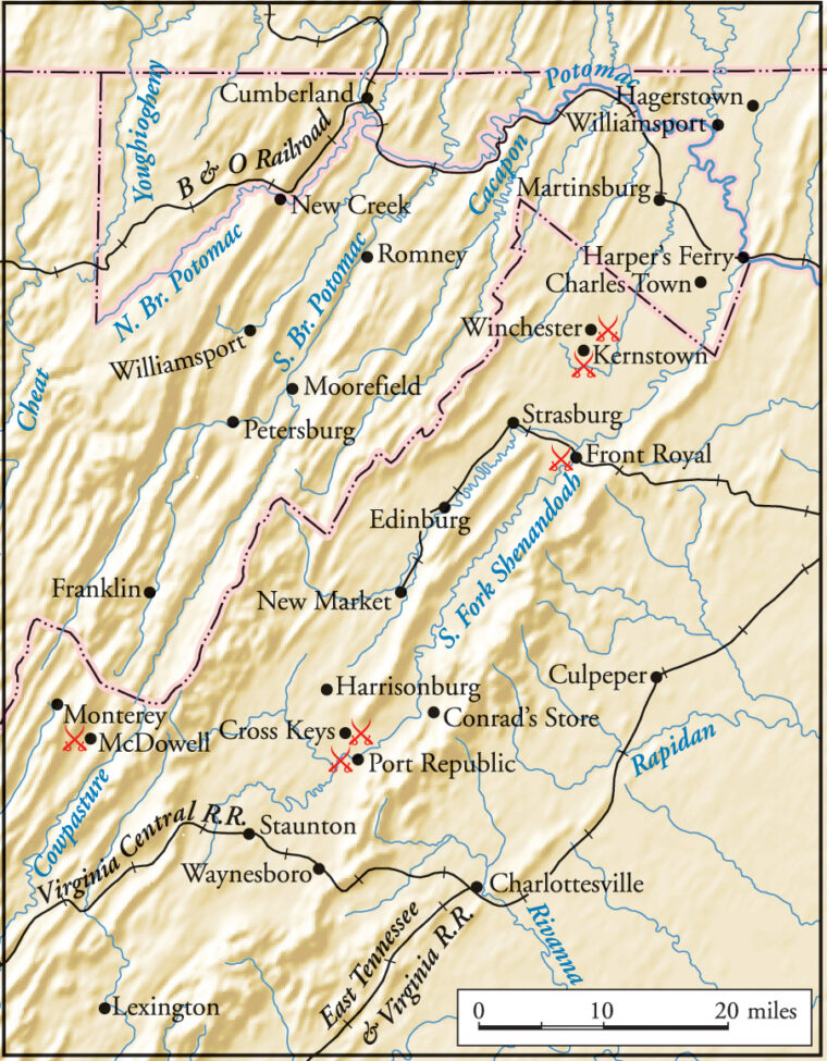 The Shenadoah Valley contains broad flatlands but also has high ridges pierced only by occasional “gaps.”