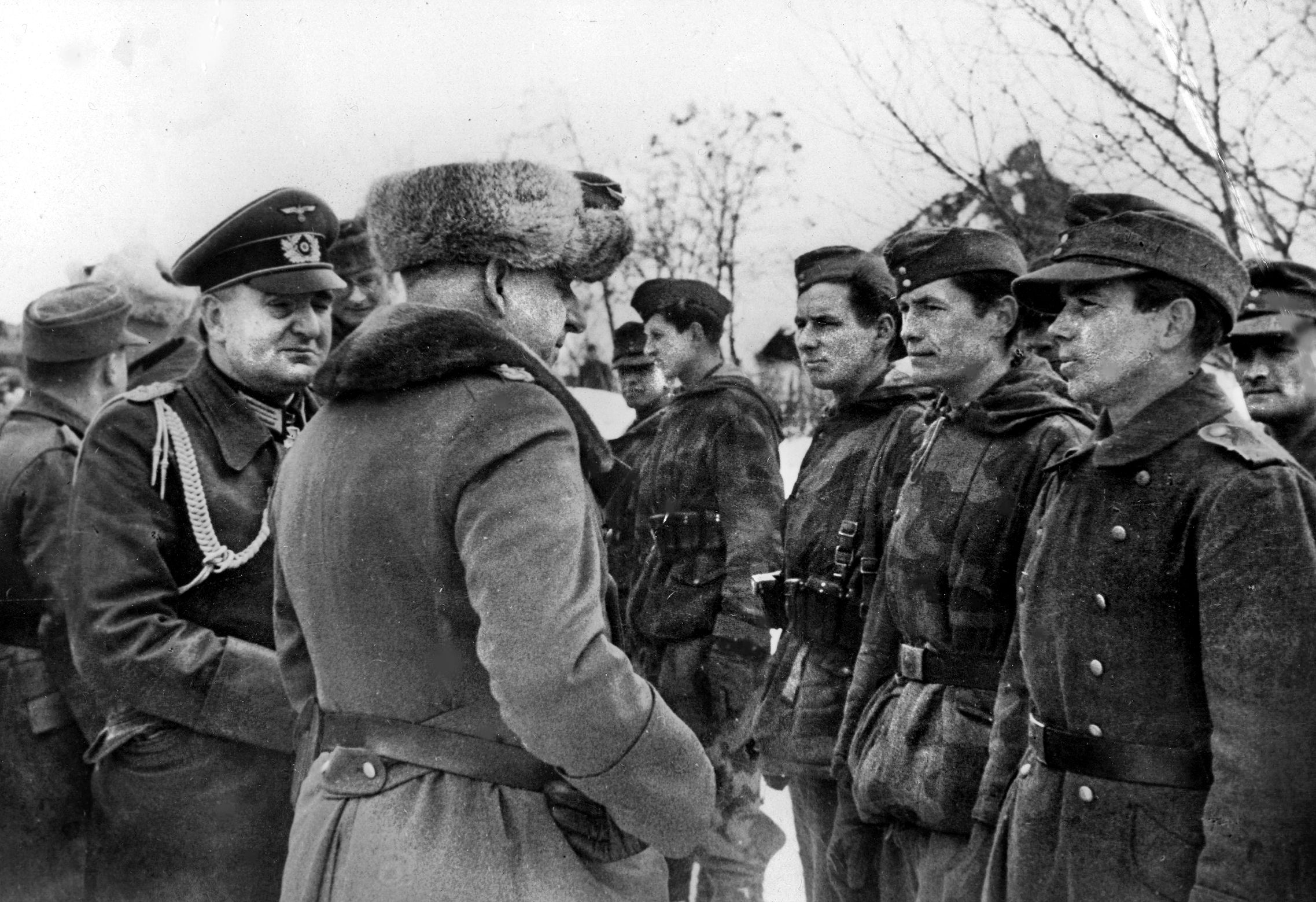 German Field Marshal Erich von Manstein addresses troops near Cherkassy, Ukraine. Completely surrounded for more than three weeks, Manstein—without Hitler’s approval—ordered Army Group South’s XI and XXXXII Corps, some 56,000 men, to break out of the Korsun Pocket during the night of February 16–17, 1944. 