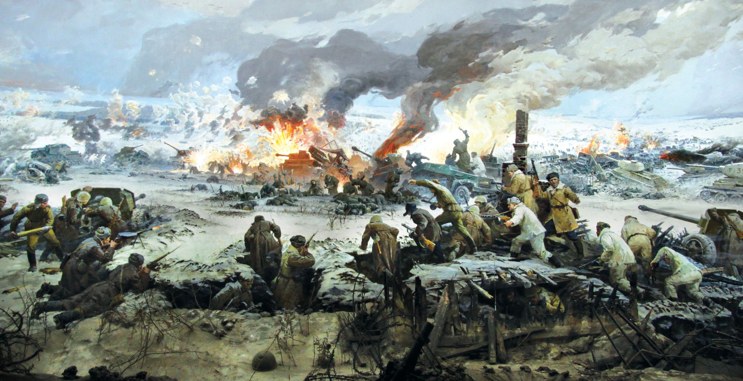 This Russian diorama depicts Soviet troops overwhelming a German position–most likely Group Stemmermann—in the Korsun-Cherkassy pocket in the final days of the German withdrawal. Soviet mortars, artillery, antitank guns and machine guns raked and blasted the German columns caught in the open and tanks ran over panjes full of wounded. Stemmermann himself, along with his driver, was killed instantly when his half-track was hit by an antitank gun.