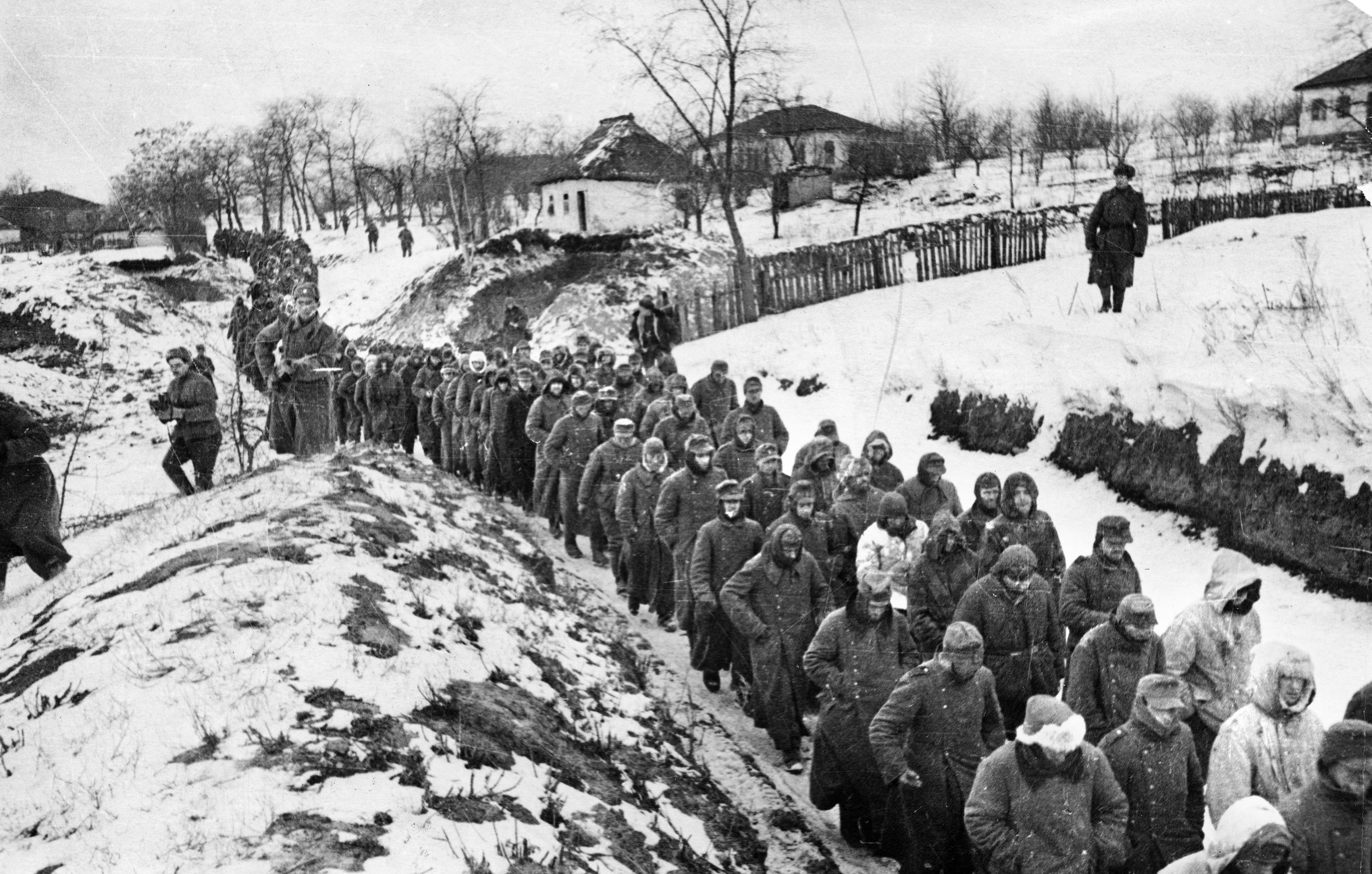 German pows captured during the Battle of the Korsun-Cherkassy Pocket, February 1944. Of the 59,000 men caught in the pocket, 28,000 soldiers and 1,000 Hiwis escaped. Some 11,000 wounded were evacuated by air during the battle or brought out during the breakout. Nineteen thousand were killed or taken prisoner. 