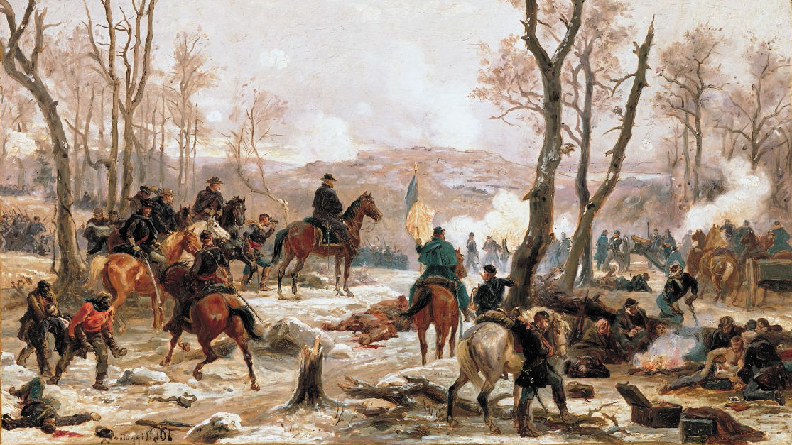 Ulysses Grant (on horseback) watches his men assault the defenses of Fort Donelson in February 1862 in this painting by Paul Phillipateaux. The fort defended the Cumberland River flowing to Tennessee’s capital, Nashville.