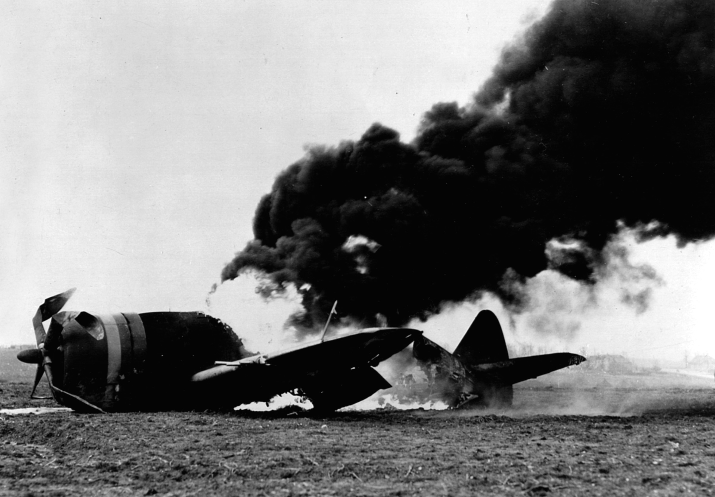 A P-47 Thunderbolt burns on a Belgian runway. Although Operation Bodenplatte did catch the Allies by surprise, the operation would ultimately be disastrous for Hitler.