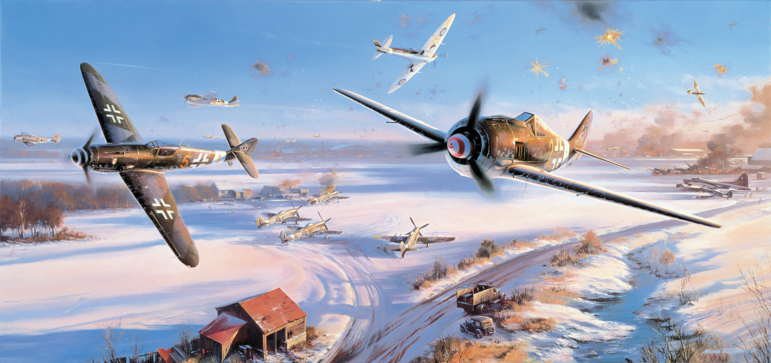 In this painting by artist Nicholas Trudgian, on New Year’s Day 1945, a pair of FW-190s swoop low over an Allied airfield in France as part of a late-war assault plan to cripple Allied air power and help turn the tide of the war in Germany’s favor.