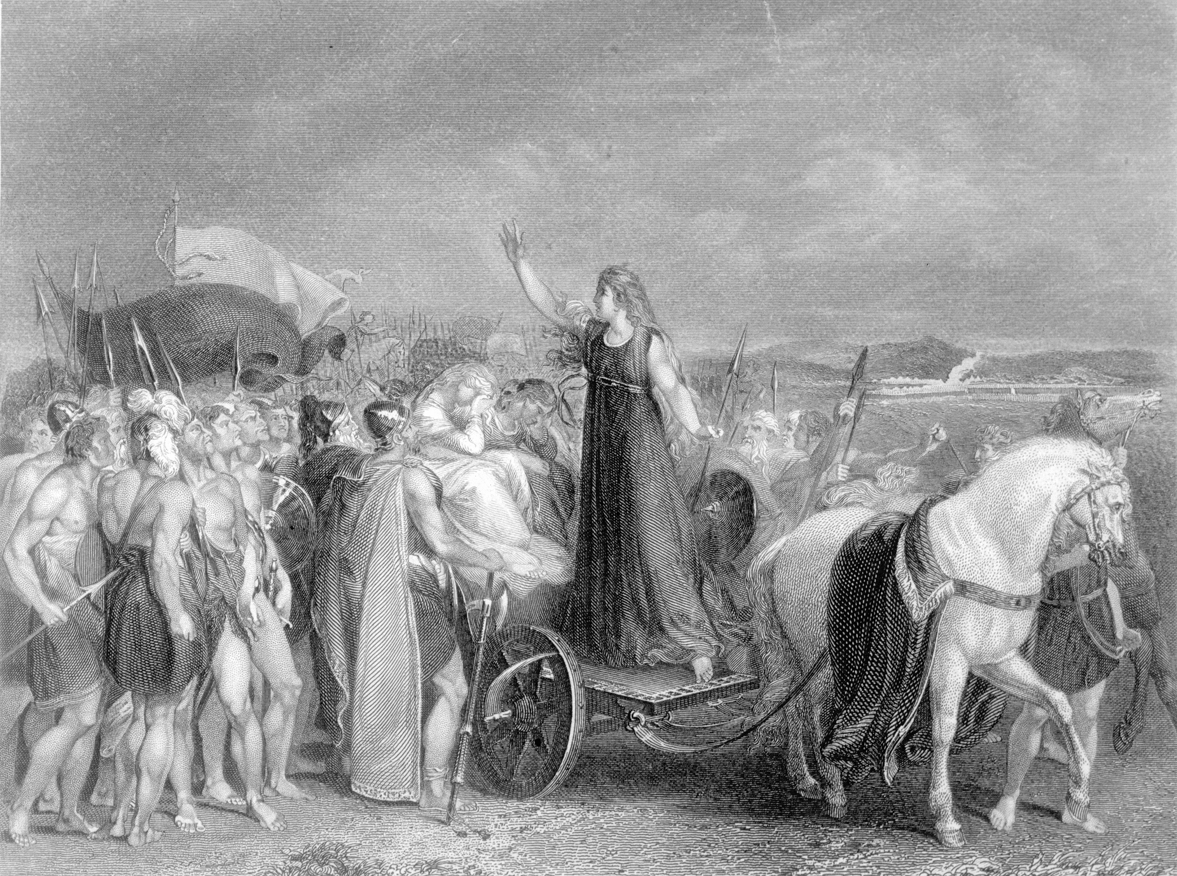 Boudicca addresses the Britons before they go forth to battle the Roman legions. “We must conquer or die with glory,” she told them. 