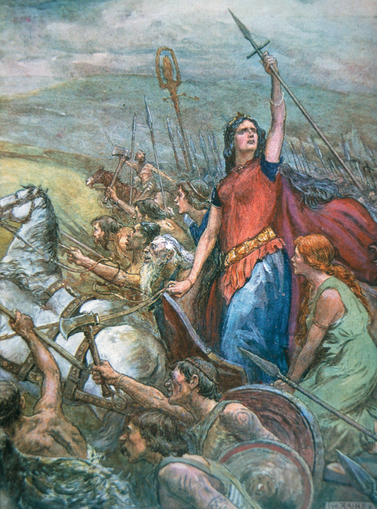Queen Boudicca, her daughters beside her in her chariot, urges Britons into the final battle. Across the way, Roman legionaries stood shoulder to shoulder behind their shields.