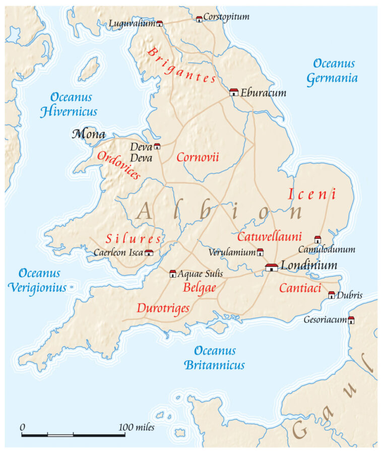 Boudicca’s tribe, the Iceni, lived in the eastern portion of Roman Britain.