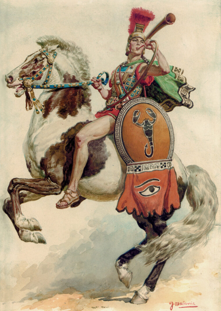 Matania’s painting of a Roman equestrian trumpeter, in the collection of the author.