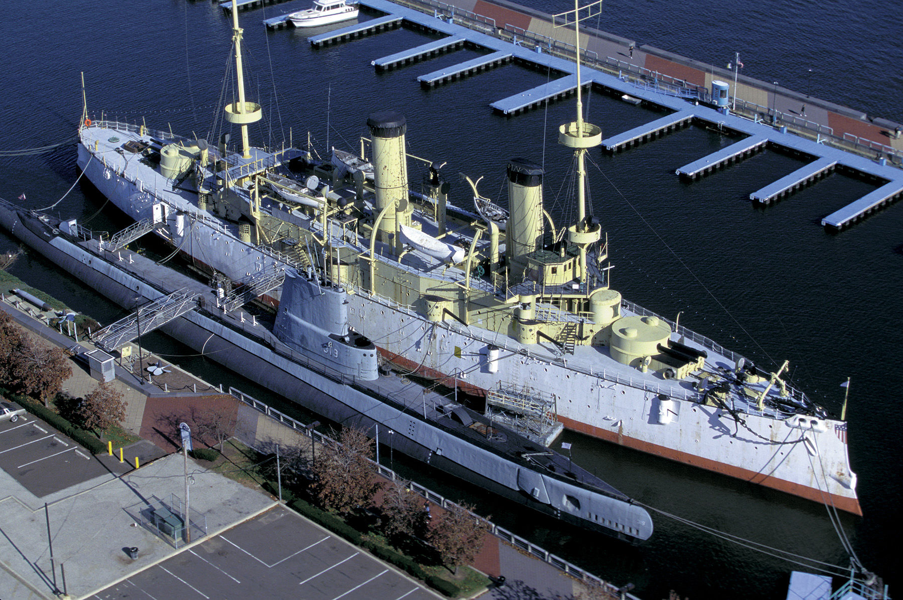 At Philadelphia's Independence Seaport Museum, visitors can explore the cruiser Olympia and WWI submarine Becuna.