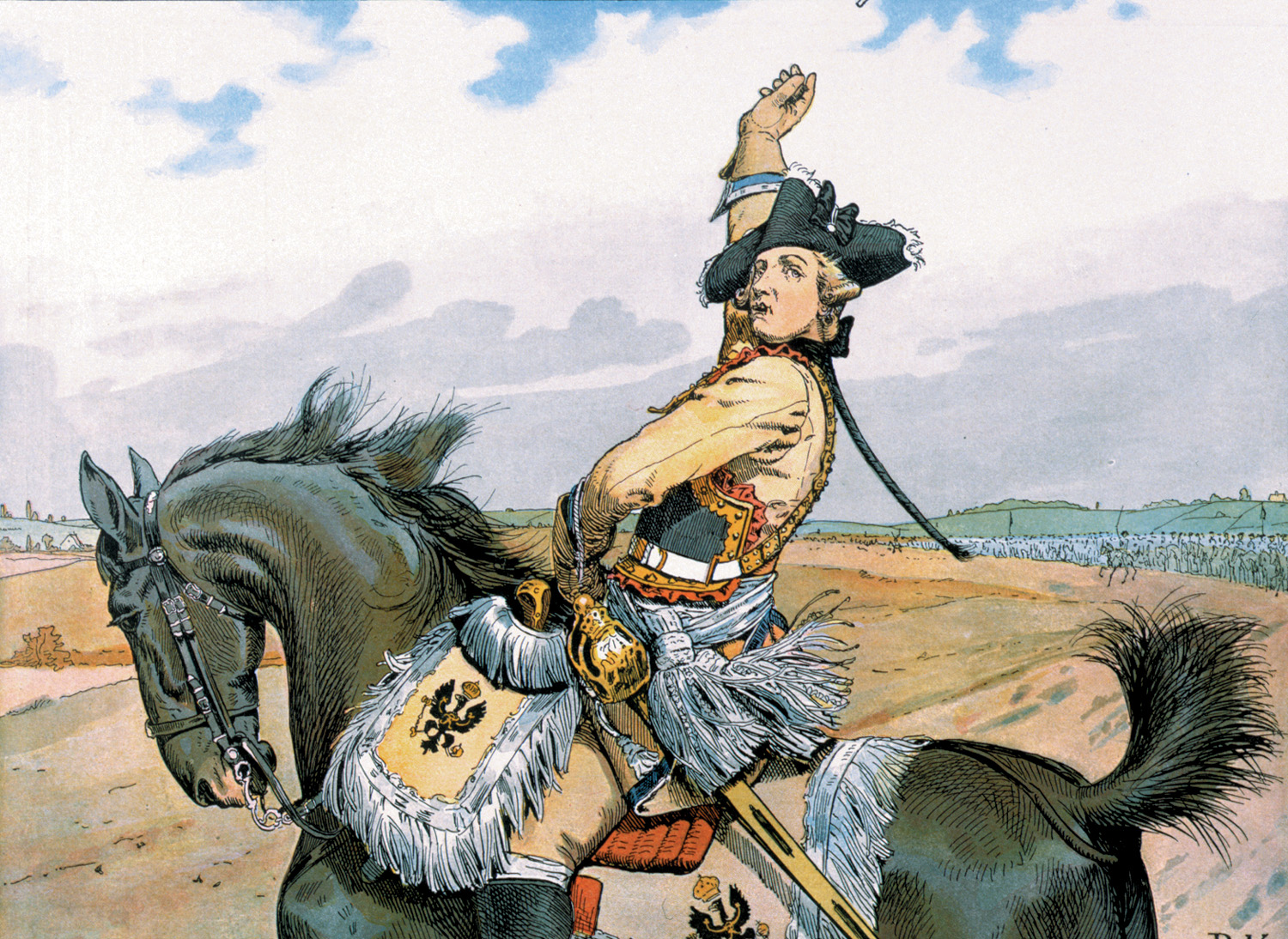 Throwing his tobacco pipe in the air, Seydlitz signals for the first cavalry attack, surprising the Austrian advance guard.