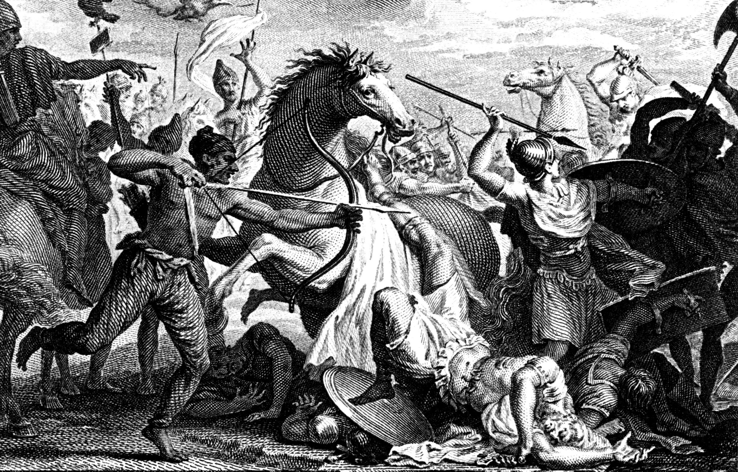 Crassus, who tried to parlay with the Parthian commander Surena, was killed when the fighting suddenly resumed. He is shown falling dead from his horse (lower right) as Parthians assault the Romans. 