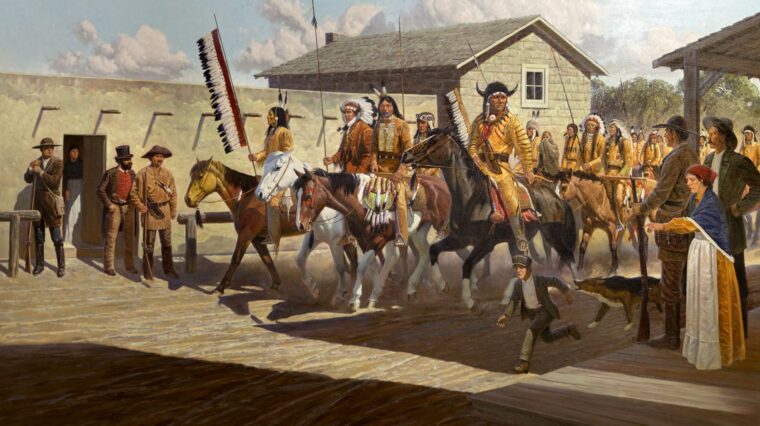 Comanche warriors ride into San Antonio, Texas, March 19, 1840, to discuss a potential peace treaty with representatives of the new Republic of Texas.