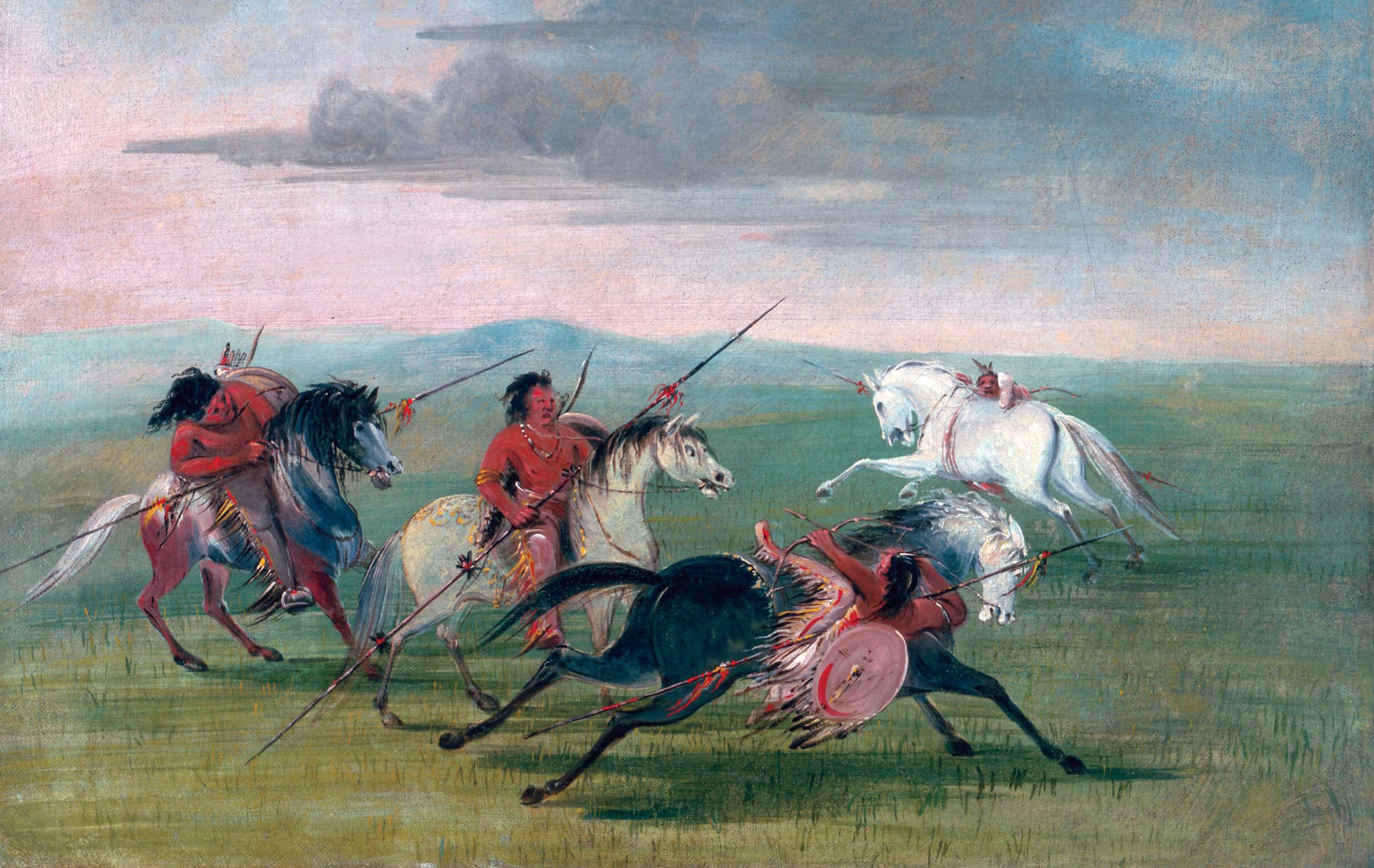 Comanche warriors were skilled horsemen, able to hang off the side of their mount as they shot their arrows, as depicted in this painting by George Catlin.