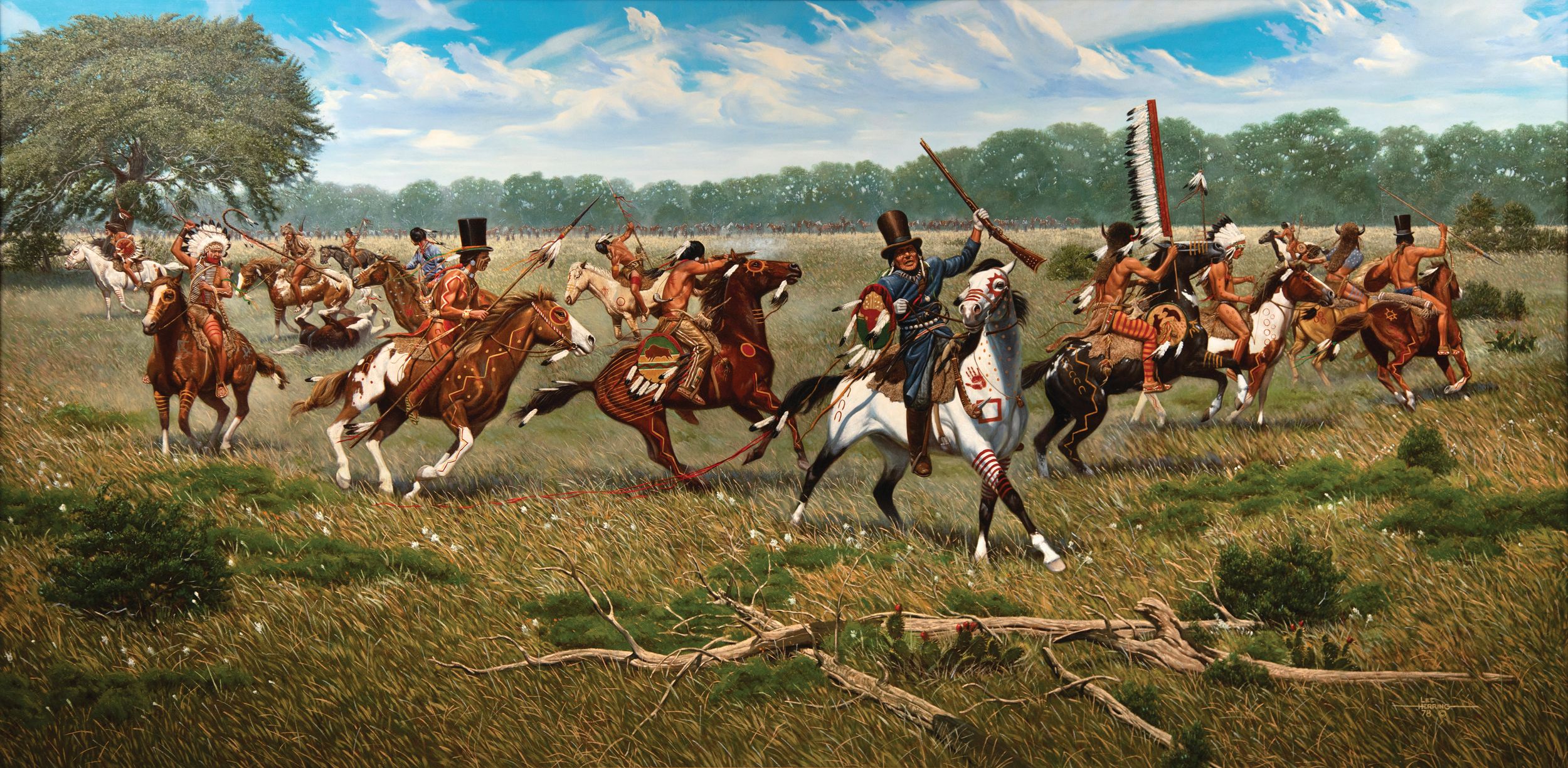 Chief Buffalo Hump, wearing a stolen top hat, rides a white horse during the battle of Plum Creek in this painting by Lee Herring. The pursuing Texas Rangers and militia are visible in the distance.