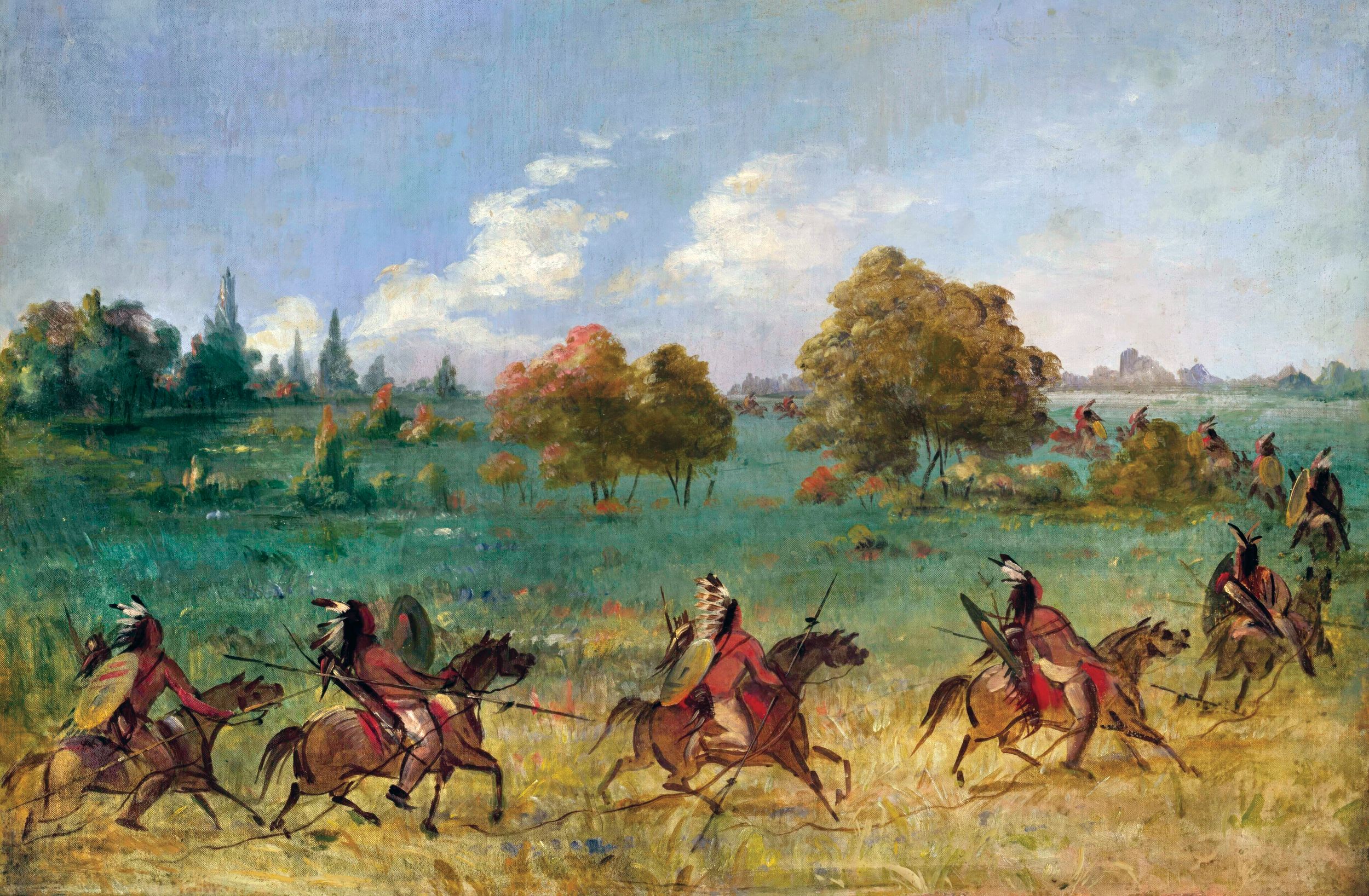 A Comanche war party, painted by George Catlin. Buffalo Hump’s raiding party of 1840 has been estimated to include as many as 1,000 Comanches, including  500 warriors. Catlin began a journey through the west in 1830, visiting 18 tribes, and eventually completing over 500 paintings of what he witnessed.