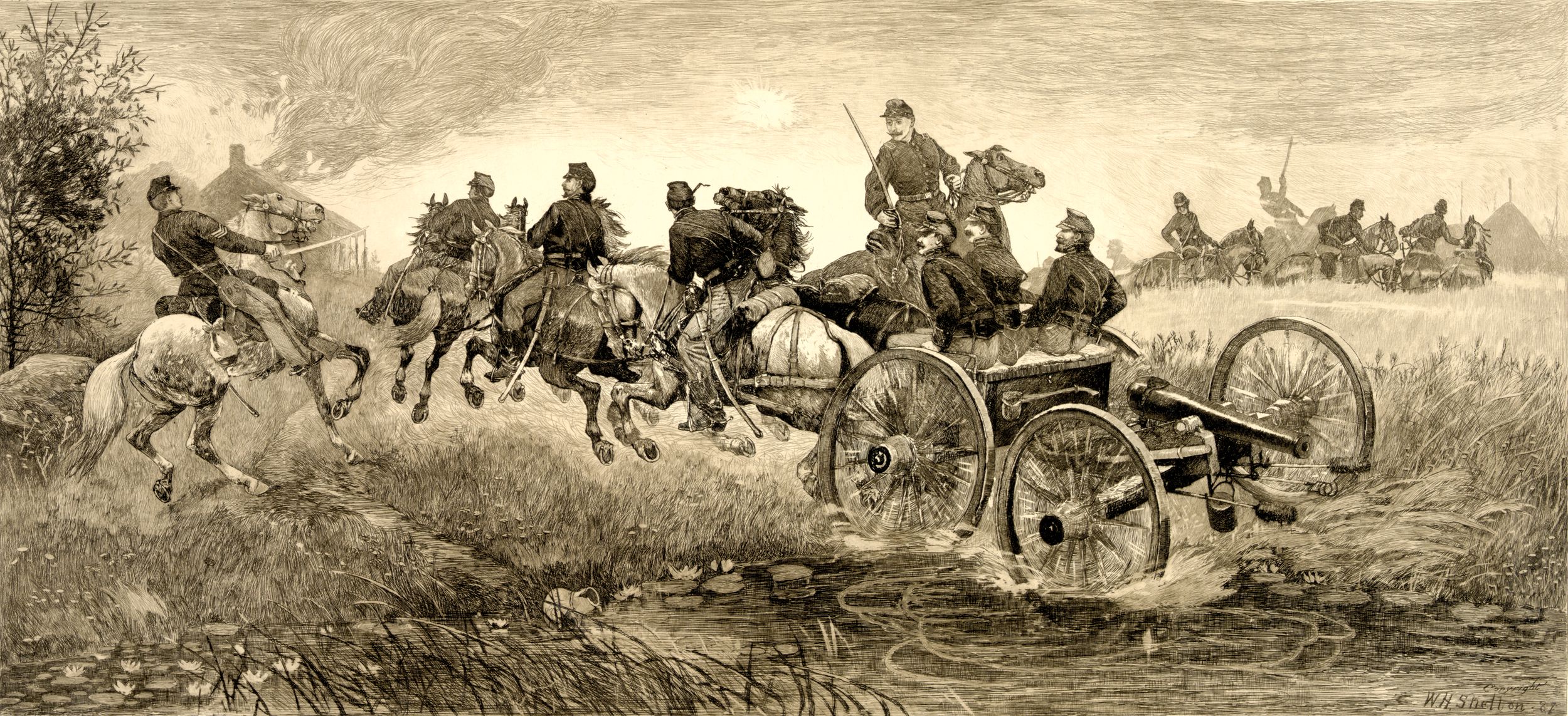 Union cavalry and horse artillery troops race to set up the guns on the next ridge. First Lieutenant Samuel Elder was commended for the work of his 4th U.S. Artillery, Battery E, (four three-inch ordnance rifles) that covered the Union retreat of Colonel Nathaniel Richmond back to Boonsboro following the Battle of Hagerstown. “Too much credit cannot be given to Lieutenant Elder,” Richmond said. The “men of his battery are also deserving of special mention for their bravery and good conduct under fire.”