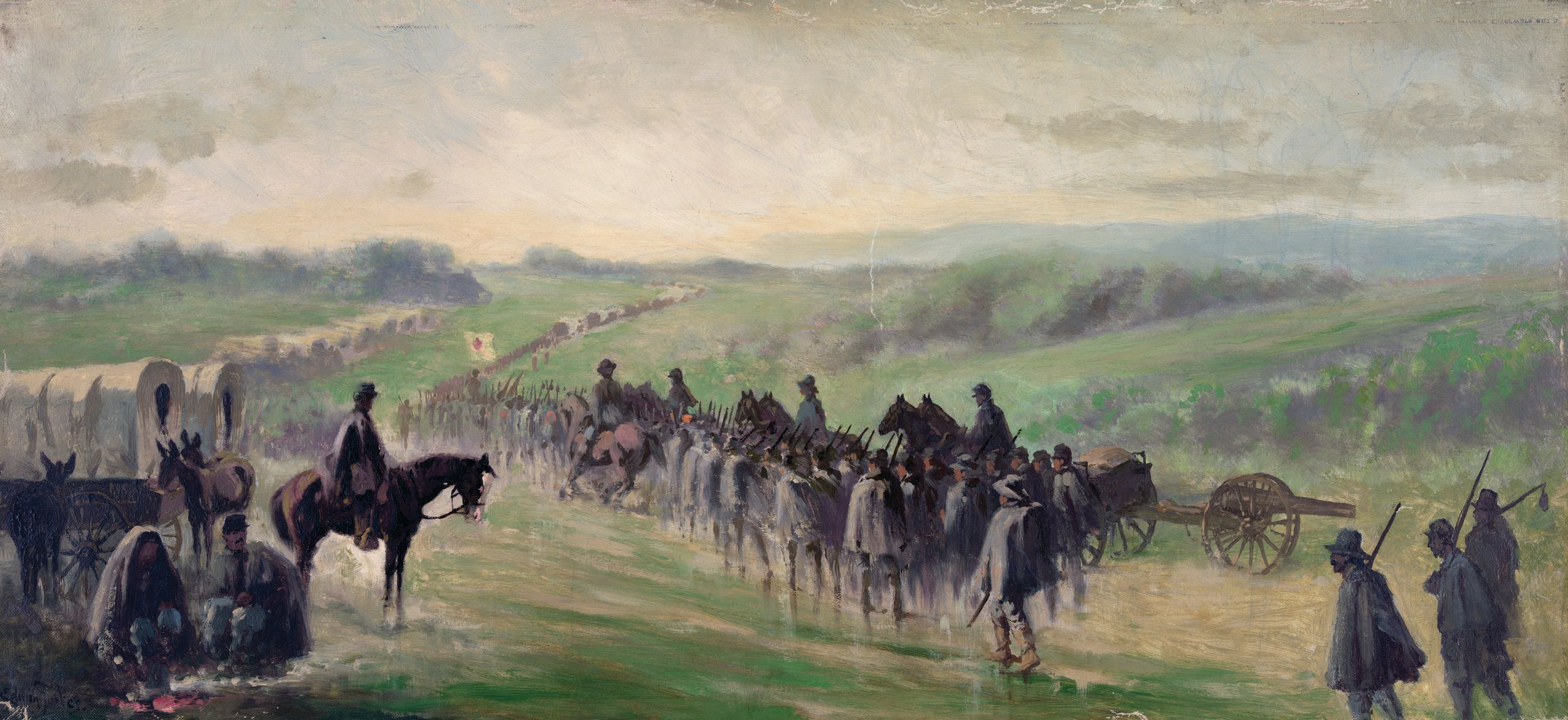 “Pursuit of Lee's Army,” by Edwin Forbes (1839-1895) depicts Union soldiers marching through the rain on the road near Emmitsburg, Maryland, July 7, 1863. Pursued by U.S. General George Meade after the Battle of Gettysburg, General Robert E. Lee is trying to get his long wagon trains over the Potomac River and back to the relative safety of Virginia.