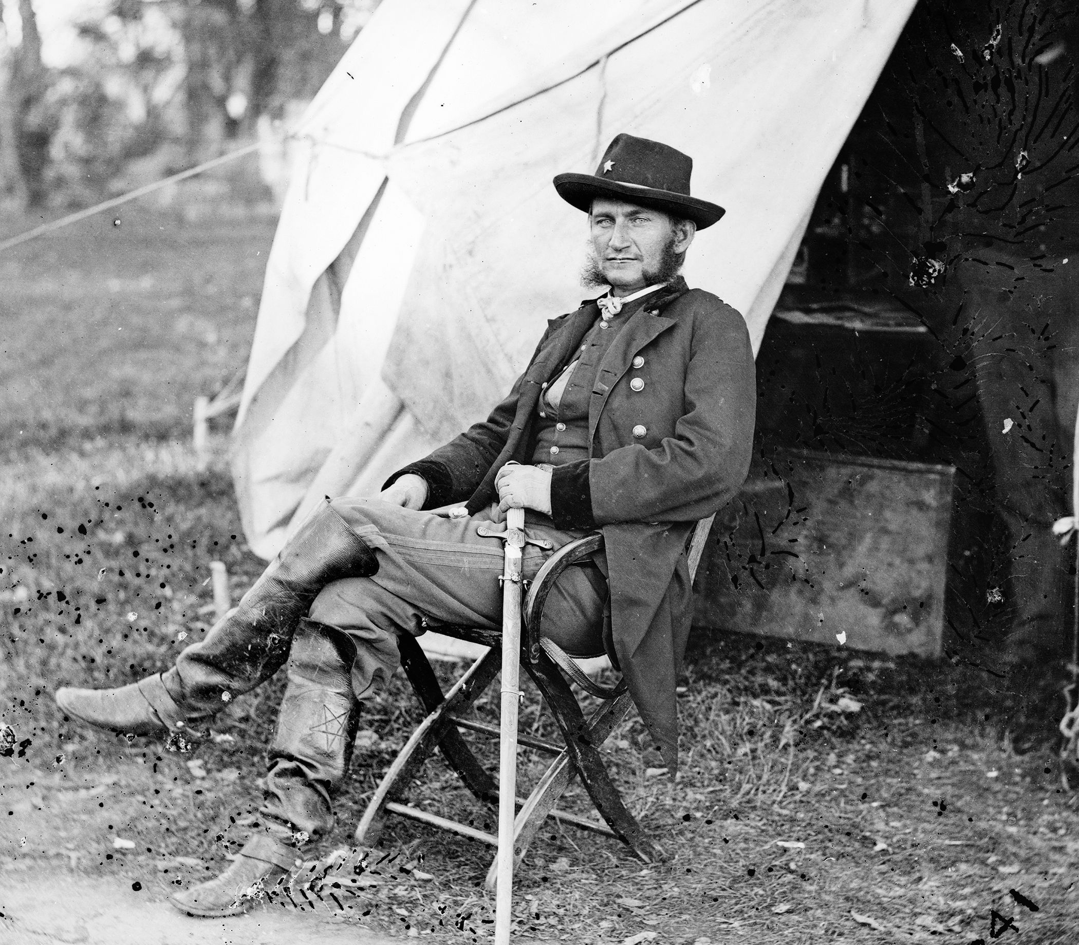 General Judson Kilpatrick, nicknamed “Kill-cavalry” due to his seeming reckless disregard for his own men during the war, rode in a rainstorm on July 4 to strike Confederate wagons rumored to be crossing Monterey Pass. Attacking at night, Kilpatrick captured 300 wagons and 1,000 prisoners, then rode south for Smithsburg, Maryland.