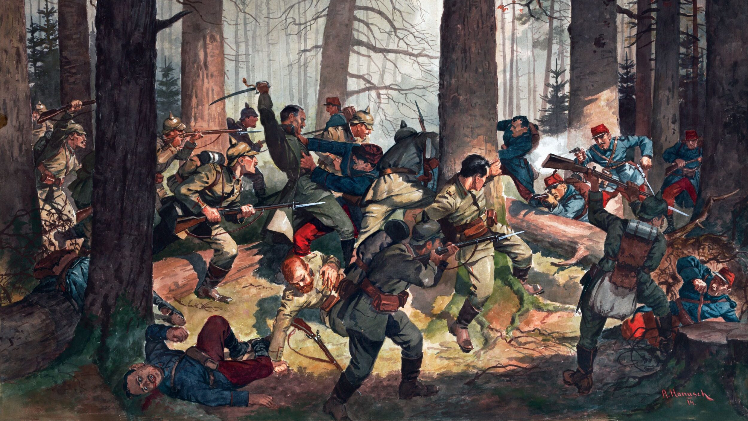 Germans in their pickelhaube leather helmets and French in red and blue uniforms engage in a brutal skirmish in a wooded section of World War I’s Western Front during the early months of the war.