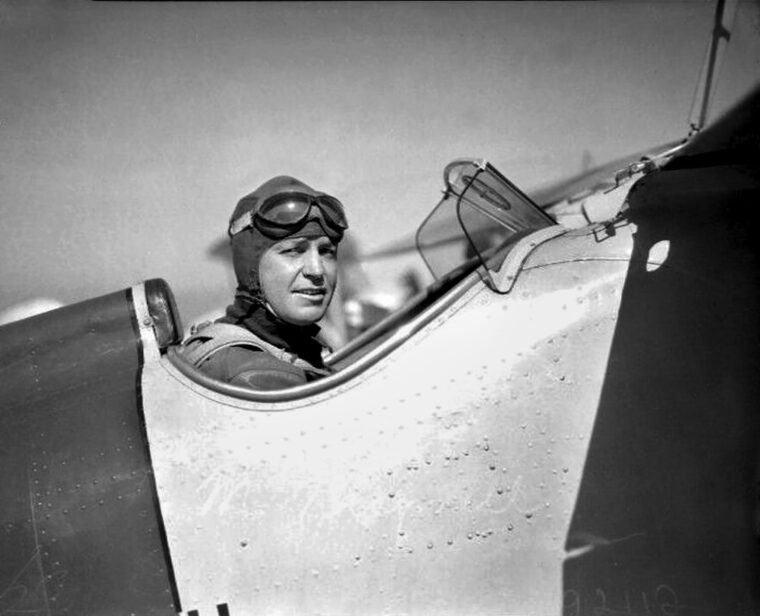 Frederick Trapnell in a Curtiss F9C Sparrowhawk biplane that was used on the airships USS Akron and Macon from 1932-1934.