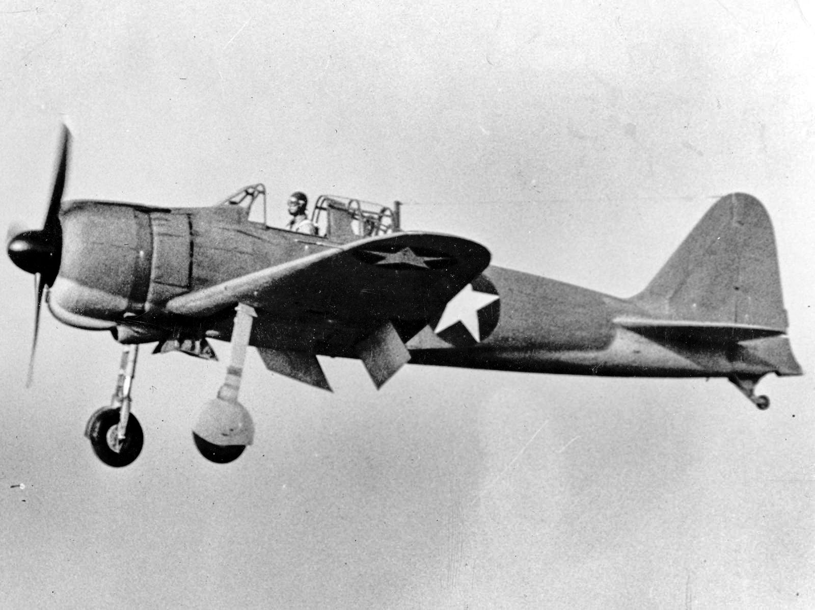 Captured Japanese Zero, discovered crashed in a marsh in the Aleutians Islands, flown by Trapnell’s team (with U.S. markings) to learn the aircraft’s strengths and weaknesses.