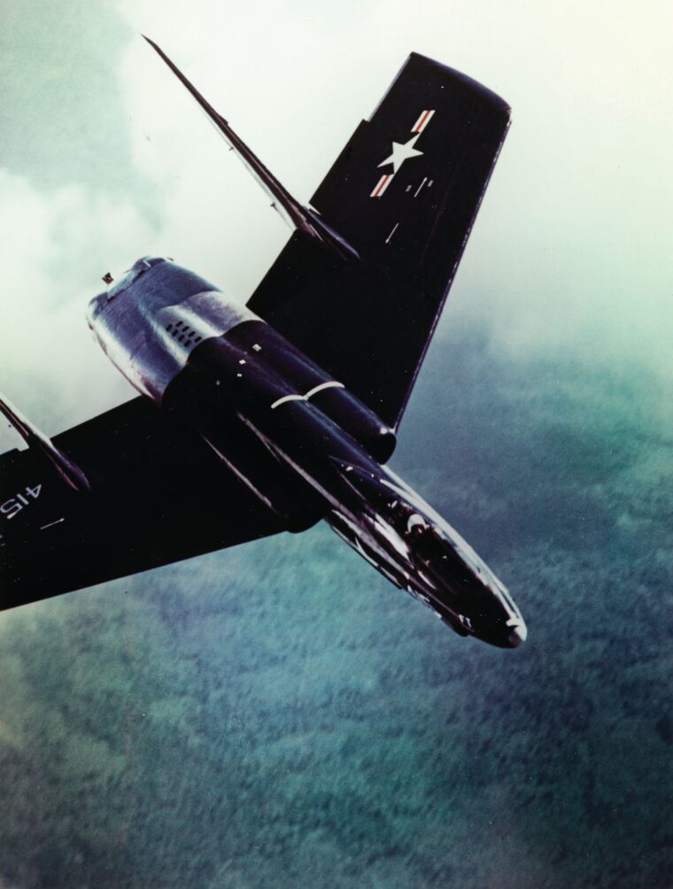 Vought F7U-1 Cutlass in flight from Naval Air Test Center, Patuxent River, Maryland, in the 1950s. From biplanes to jets, Trapnell flew and improved virtually every Navy aircraft introduced in his 40-year career.