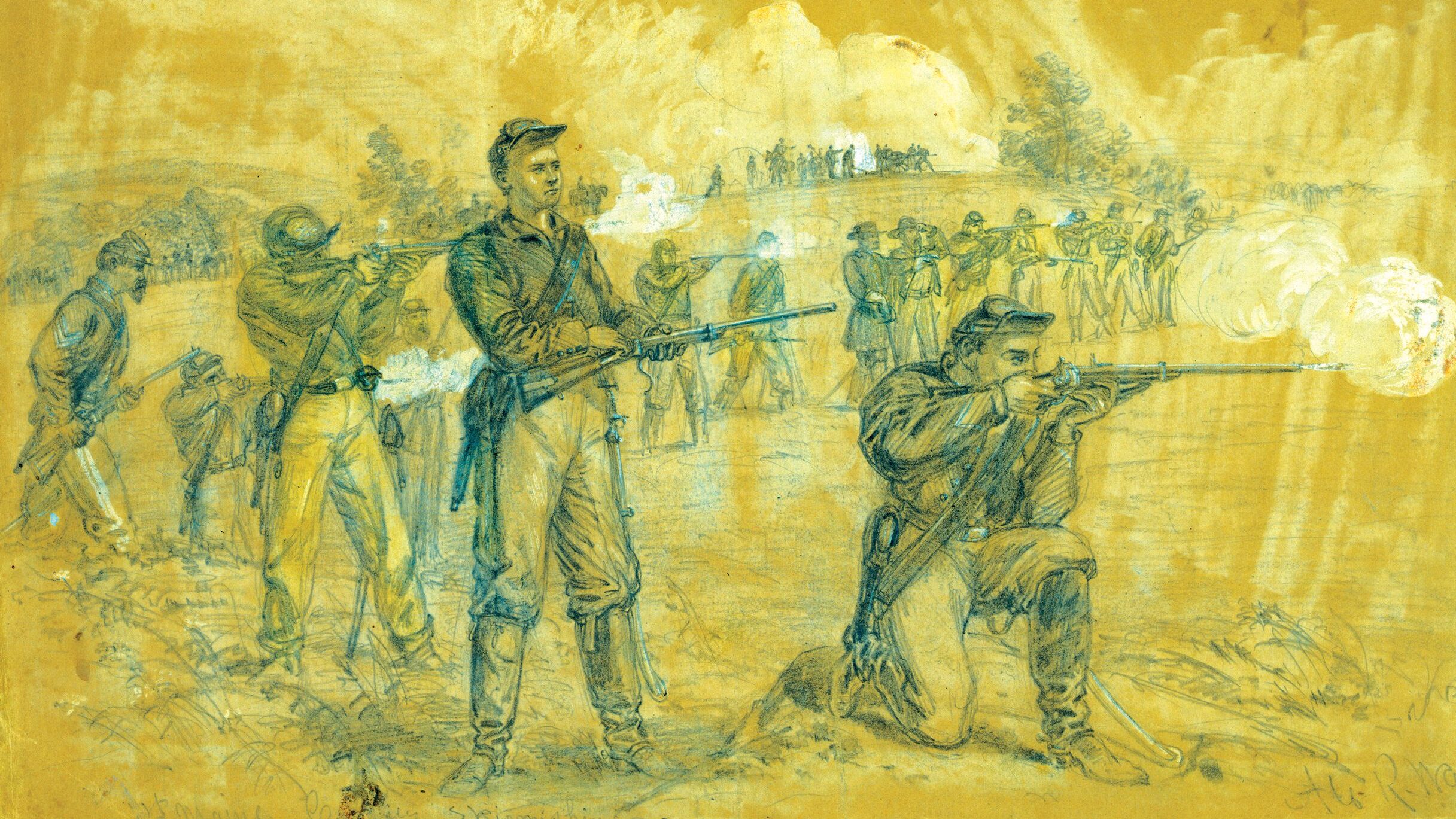 First Maine Cavalry shown skirmishing with Spencer carbines at an unnamed battle in drawing by Alfred Waud.
