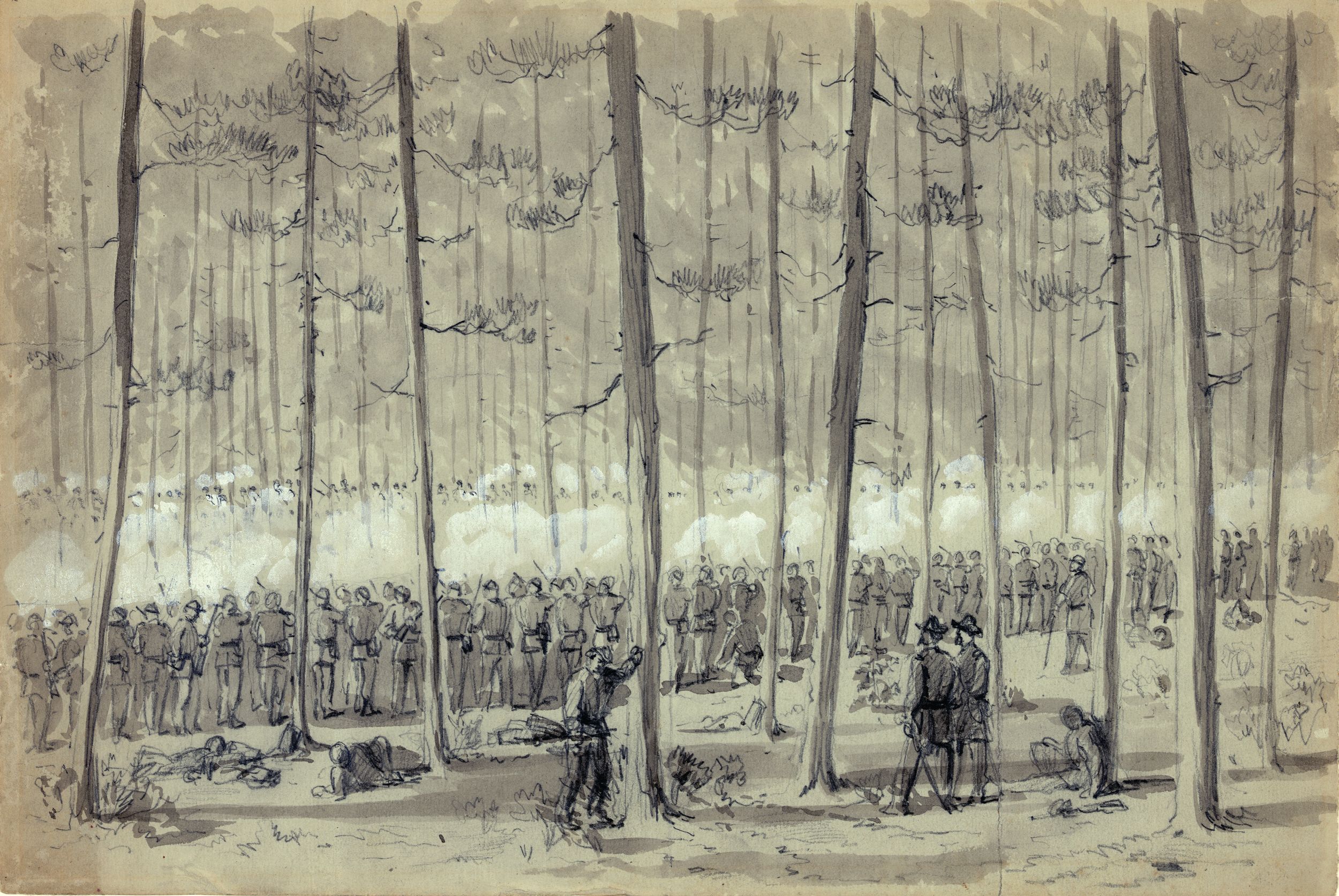 On the back of his sketch of the Battle of Darby Town Road, artist William Waud wrote “Friday 9th attempt of the Rebels to turn our right flank. The fighting was done in thick woods. Our men shewn[sic]in this sketch are armed with the Spencer Rifle.” 