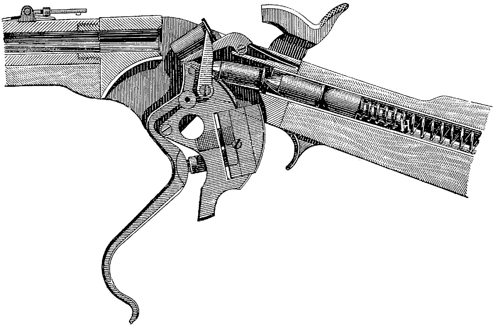 Drawing shows cartridges in the seven-round internal tube magazine located in the buttstock.