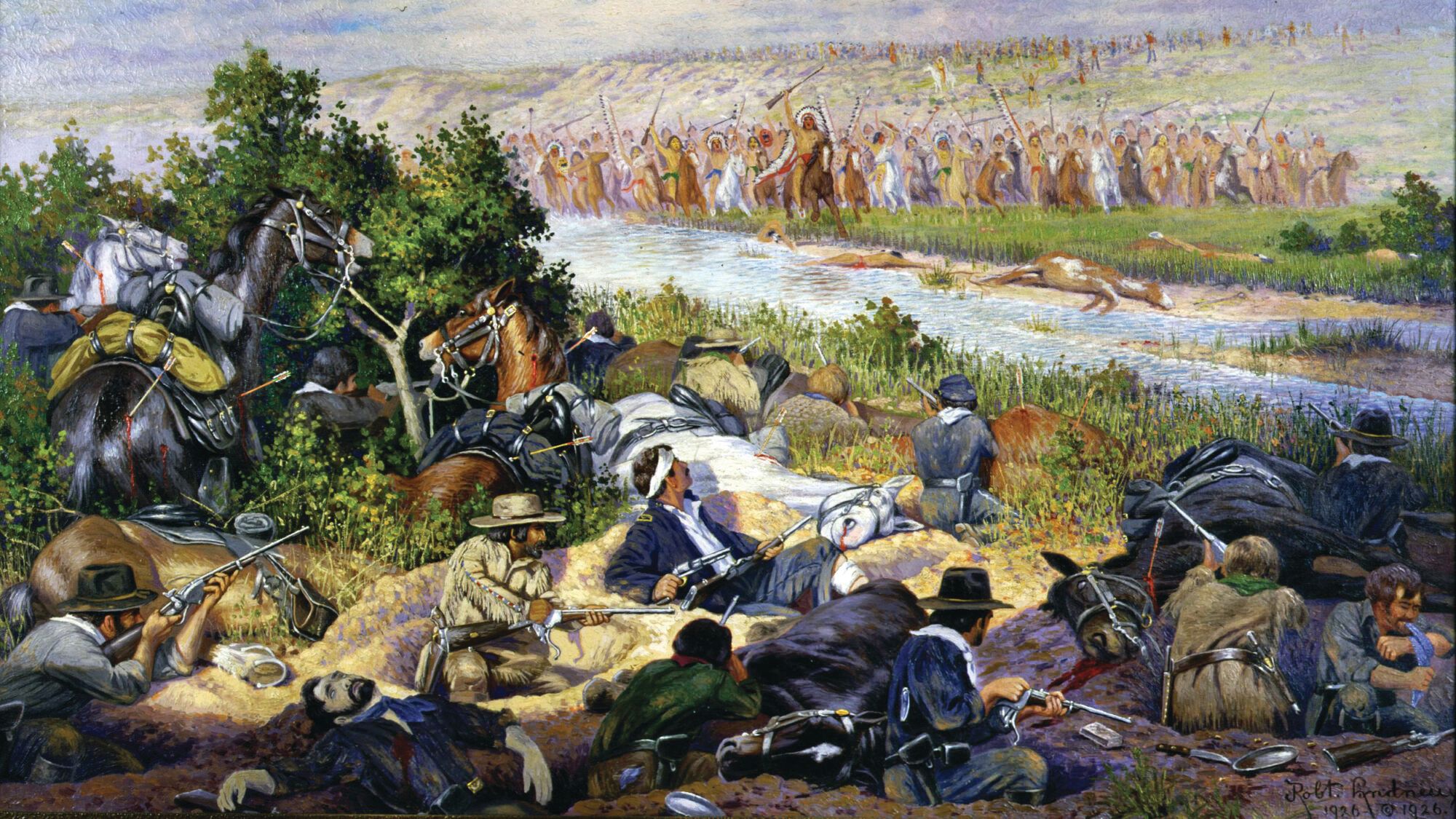Roman Nose leads Oglala Sioux and Cheyenne warriors in a charge on Major George Forsyth’s (wounded, center) 50 cavalrymen armed with Spencers, dug in on Beecher Island. The warriors were shocked by the volume of fire coming from so few cavlrymen.