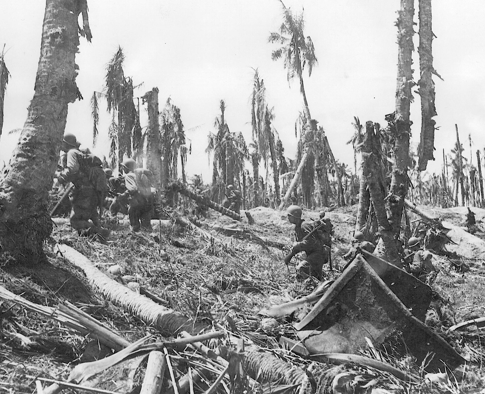 Moving cautiously through a devastated grove of palm trees, American soldiers steadily force the defending Japanese into a narrow perimeter on Wakde. Most of the 800 Japanese on the island were killed early in the struggle for its control. 