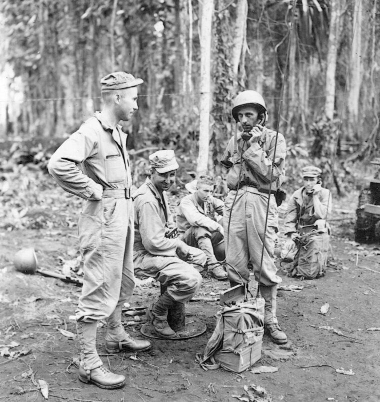 On June 9, 1944, Bushmasters establish communications lines along the banks of Wakde’s Trifoam River.