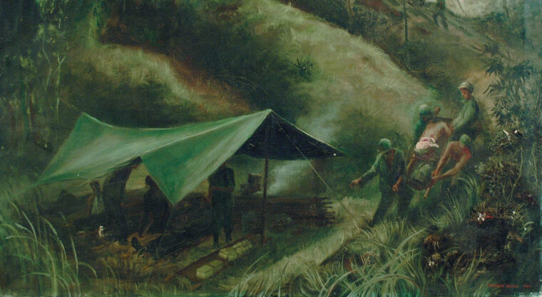 In Evacuation Under Fire by Franklin Boggs, members of the 158th RCT carry their wounded to an aid station after a fierce battle with Japanese troops in the rugged New Guinea terrain.