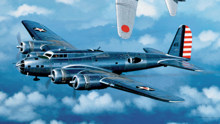 Before finishing it off, famed Japanese ace Saburo Sakai surveys the B-17 bomber flown by young Lieutenant Colin Kelly. Flying the nimble Zero fighter, Sakai is credited with 64 aerial victories.